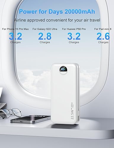 Miniatura 3 de Cargador portátil con enchufe de pared, cargador de batería USB C de 20000 mAh de carga rápida, batería externa con cables integrados, pantalla