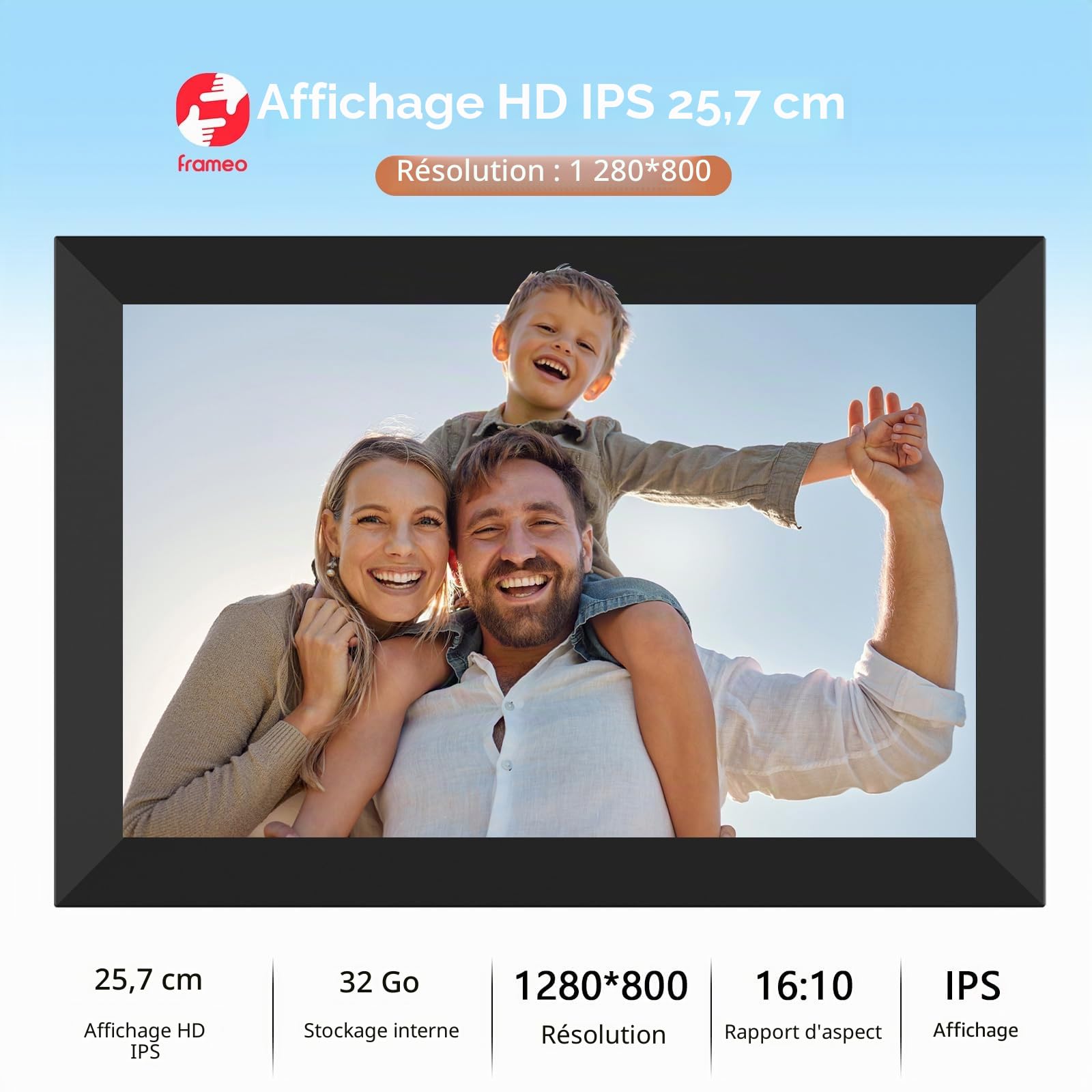 AKImart Frameo Cadre Photo numérique WiFi 32 Go Cadre Photo numérique 10,1" 1280 x 800 IPS Écran Tactile LCD Smart Cloud Cadre Photo avec Rotation Automatique Moments Partager immédiatement Via