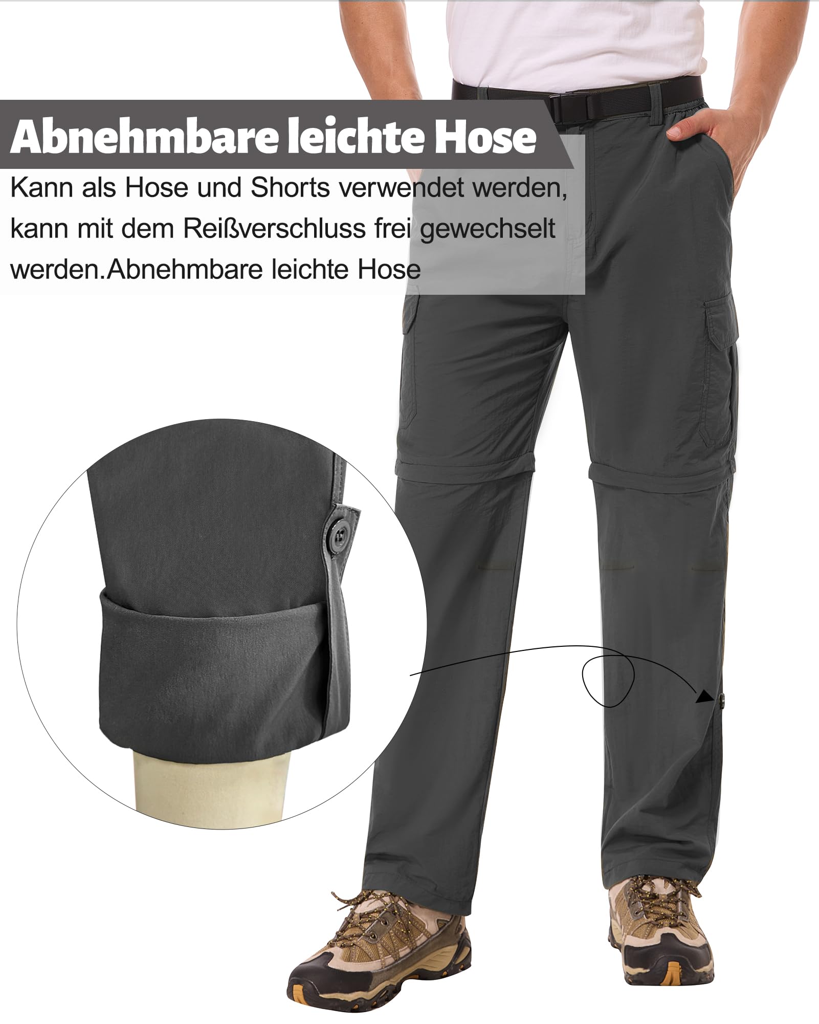 Pantalones de Senderismo Hombres Cremallera Desmontable Pants de Trekking, Secado Rápido al Aire Libre Pants Funcionales Trabajo Pantalones de Verano con Cinturón
