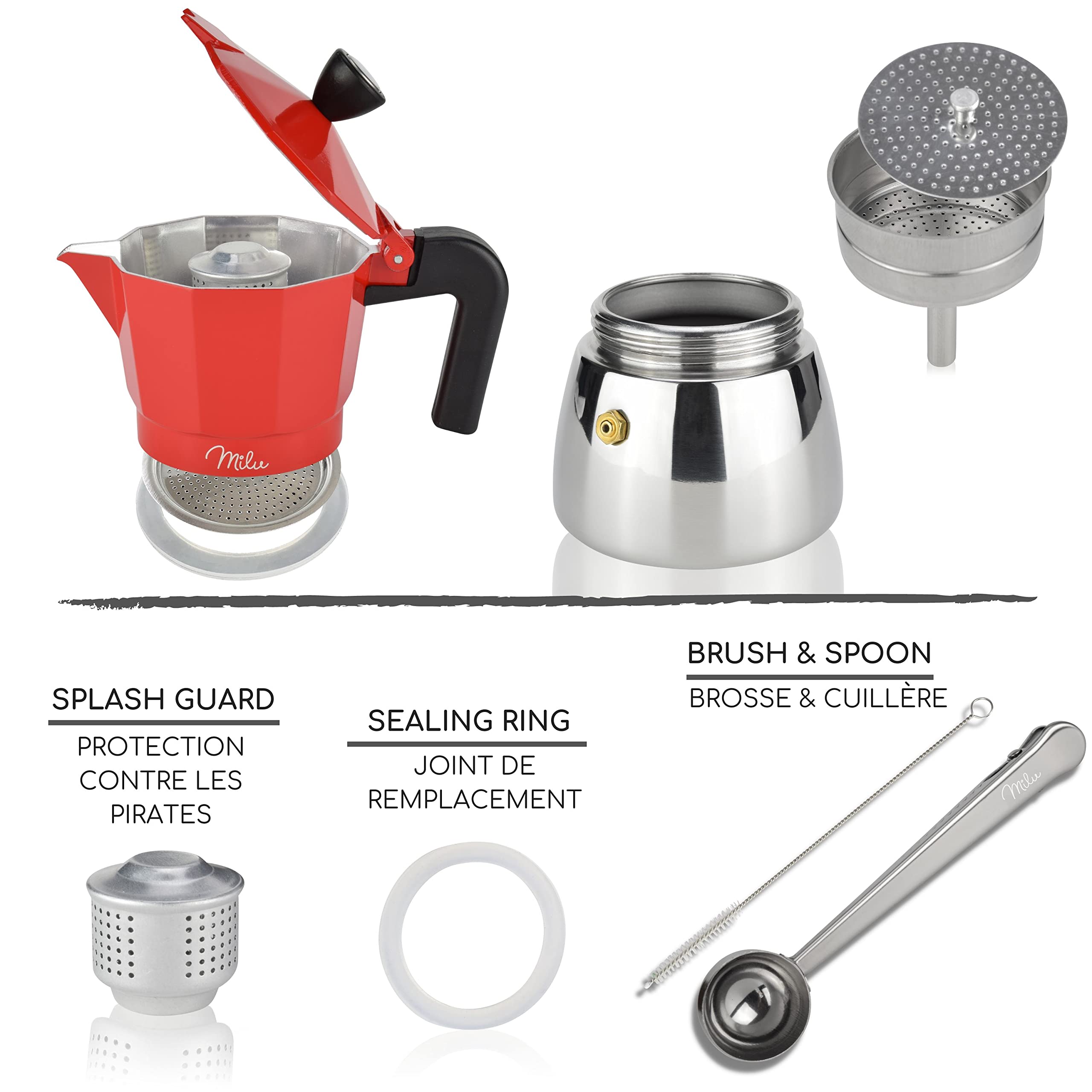 Milu cafetière Italienne Induction | 3, 6, 9 Tasses | Cafetière Moka en Aluminium, Espresso Maker, Ensemble comprenant un sous-verre, une cuillère, un pinceau (Noir, 3 tasses (150ml)