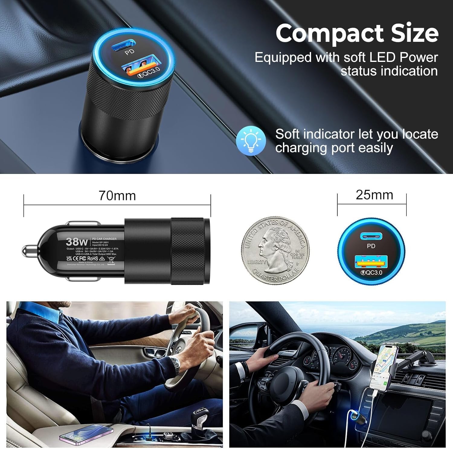 Paquete de 6 cargadores de coche USB C, 38 W dual USB-C + USB-A, adaptador de cargador de coche de carga rápida PD/QC 3.0, adaptador de encendedor de cigarrillos, enchufe USB para iPhone 17/16/15/14
