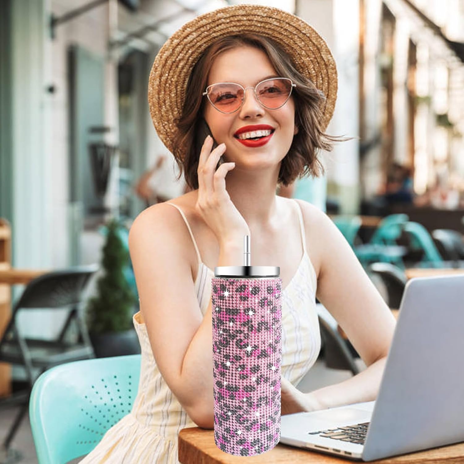 INSTOME Sparkling Rhinestone Tumbler 20oz - Bling Stainless Steel Cup with Diamonds, Perfect Glitter Gift for Women, Girls, Bridesmaids (leopard pink, 20oz) - Image 3