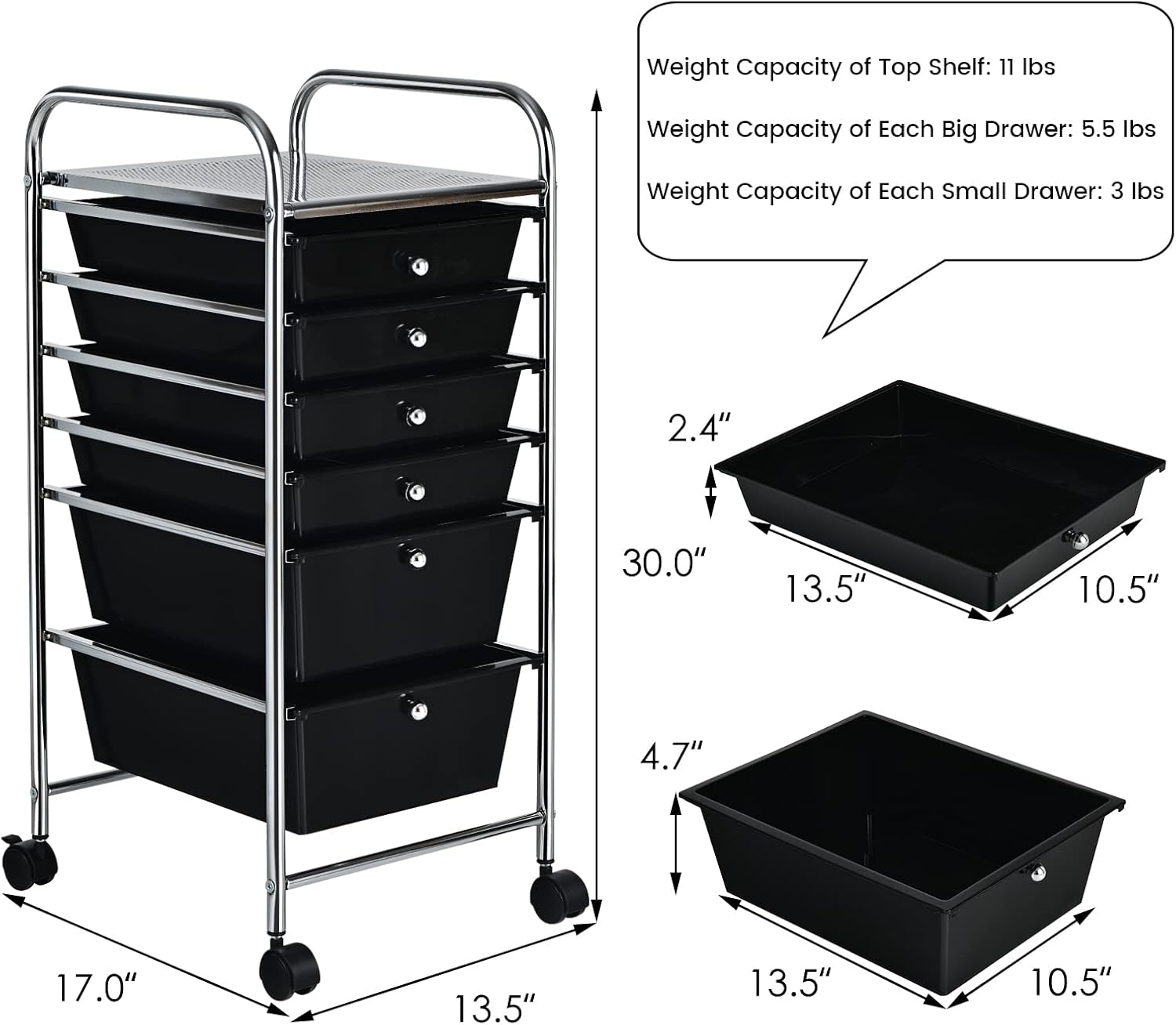 COSTWAY 6-Drawer Rolling Storage Cart, Multifunctional Art Craft Tools Organizer on Wheels, Heavy Duty Utility Mobile Storage Trolley w/ 2 Lockable Wheels for Home Office School (Black)