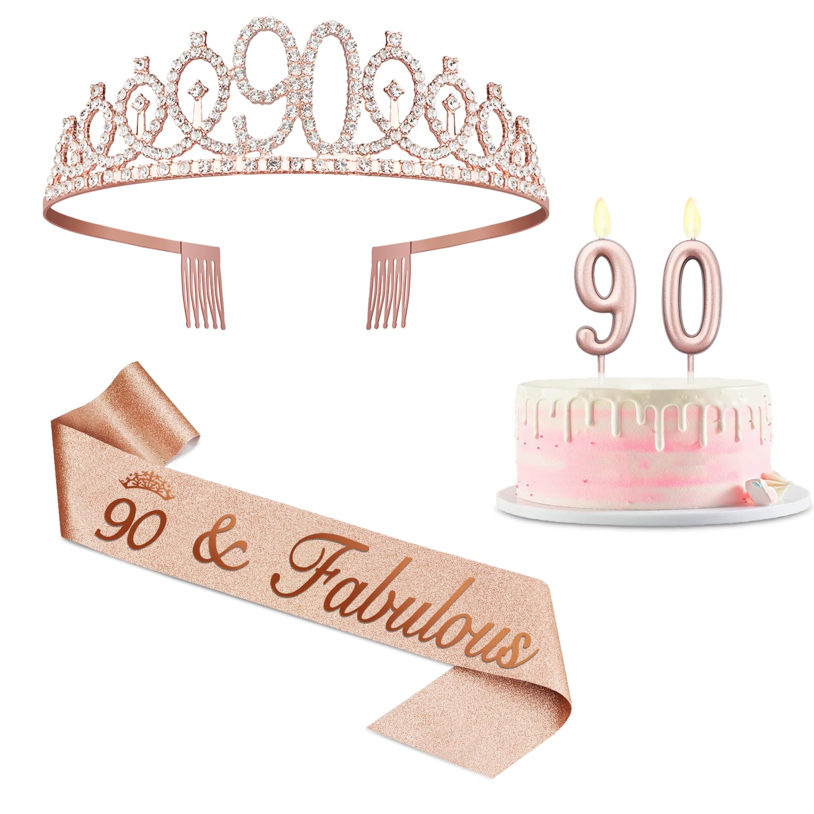 90th Birthday Decorations, 90th Birthday Sash and Tiara, Rose Gold Sash and Crown for Women Turning 90, Rose Gold Number Candles 90