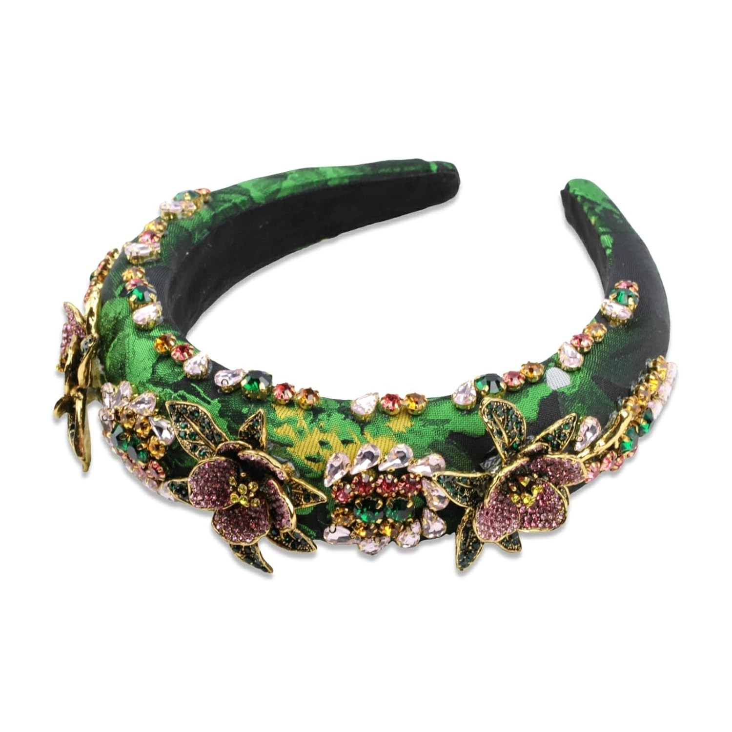 Luxury Baroque Big Wide Crystal Headband for Women Pearl Rhinestone Bead Decorative Hairband Jeweled Head Hoop Party Accessories (HDDY1080-green)
