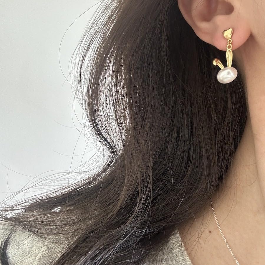 Cute Bunny Pearl Dangle Stud Earrings for Women Easter Bunny Pearl Shell Pearl Zirconia Pearl Stud Earrings for Prom Jewellery Present - Image 4