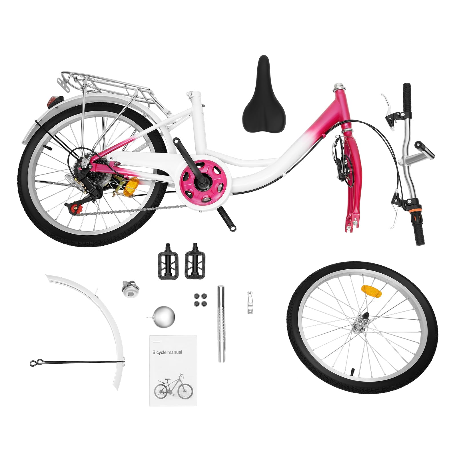 Bicicletta Ragazzi 20 Pollici 6 Marce Fetcoi – Rosa E Bianco, Con Luci, Telaio In Acciaio, Per Bambini 110-140 Cm