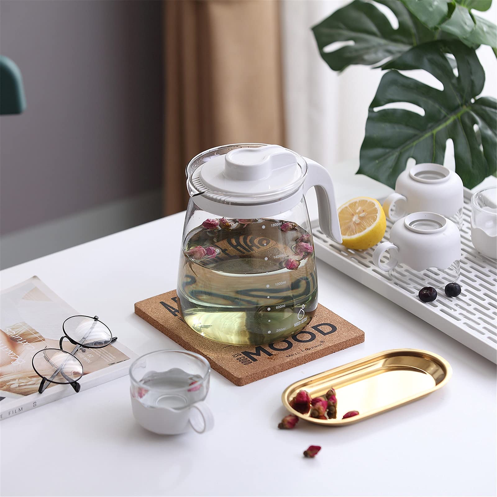 Jarra de Agua Transparente para Nevera, Jarra de Agua de Vidrio, Jarra de Gran Capacidad, Tetera con Tapa para Limonada y té Helado.(Blanco 2 litros)