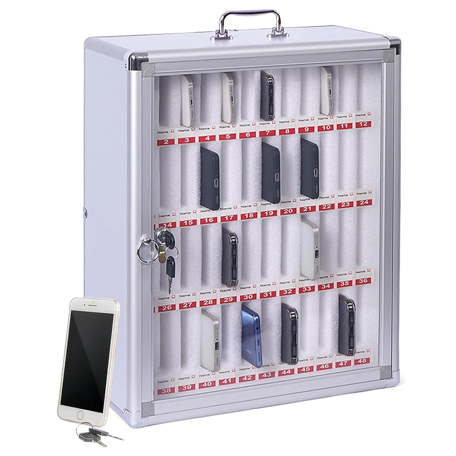 ybaymy 48 Slots Cell Phone Locker Cabinet Aluminum Alloy Pocket Chart Locker Box Wall-Mounted/Freestanding Cell Phones Storage Cabinet with Lock and Handle for Classroom Office Conference Gym