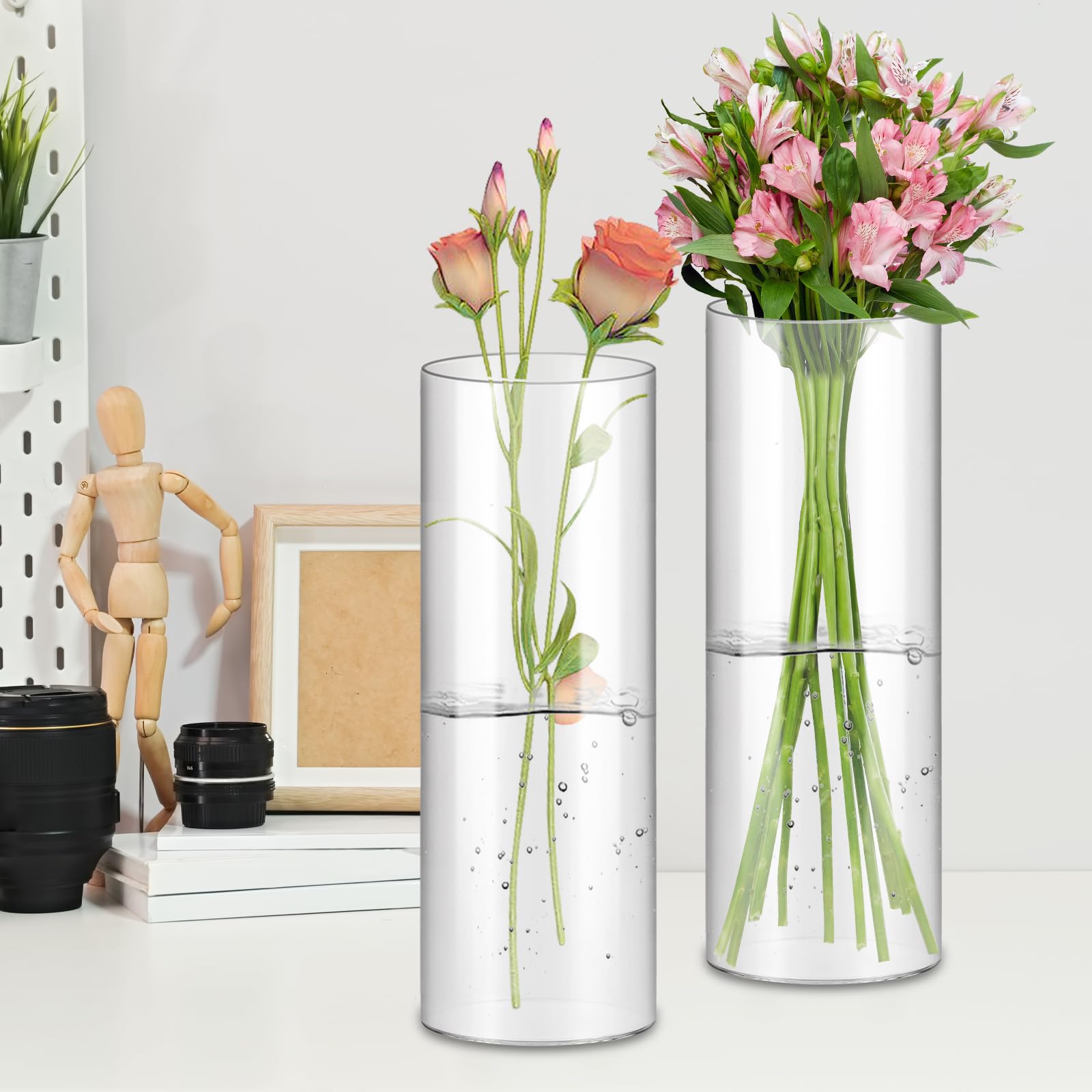 4 vasi in vetro grandi da 30 cm, cilindri, rotondi, per orchidee, rose, tulipani, erba della pampa, decorazione da tavolo, candele, ecc