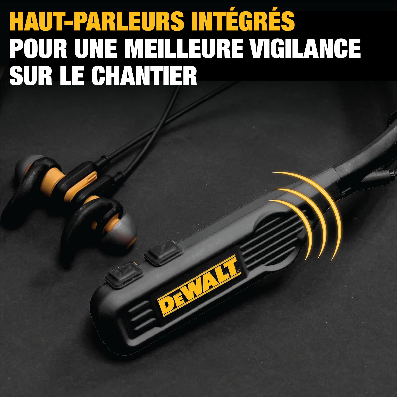 DEWALT Casque Tour de Cou Bluetooth Robuste 2 en 1 avec Haut-parleurs intégrés, Haut-Parleur Portable de Chantier et Casque Tour de Cou, Casque Bluetooth sans Fil, autonomie de Plus de 60 h, Noir