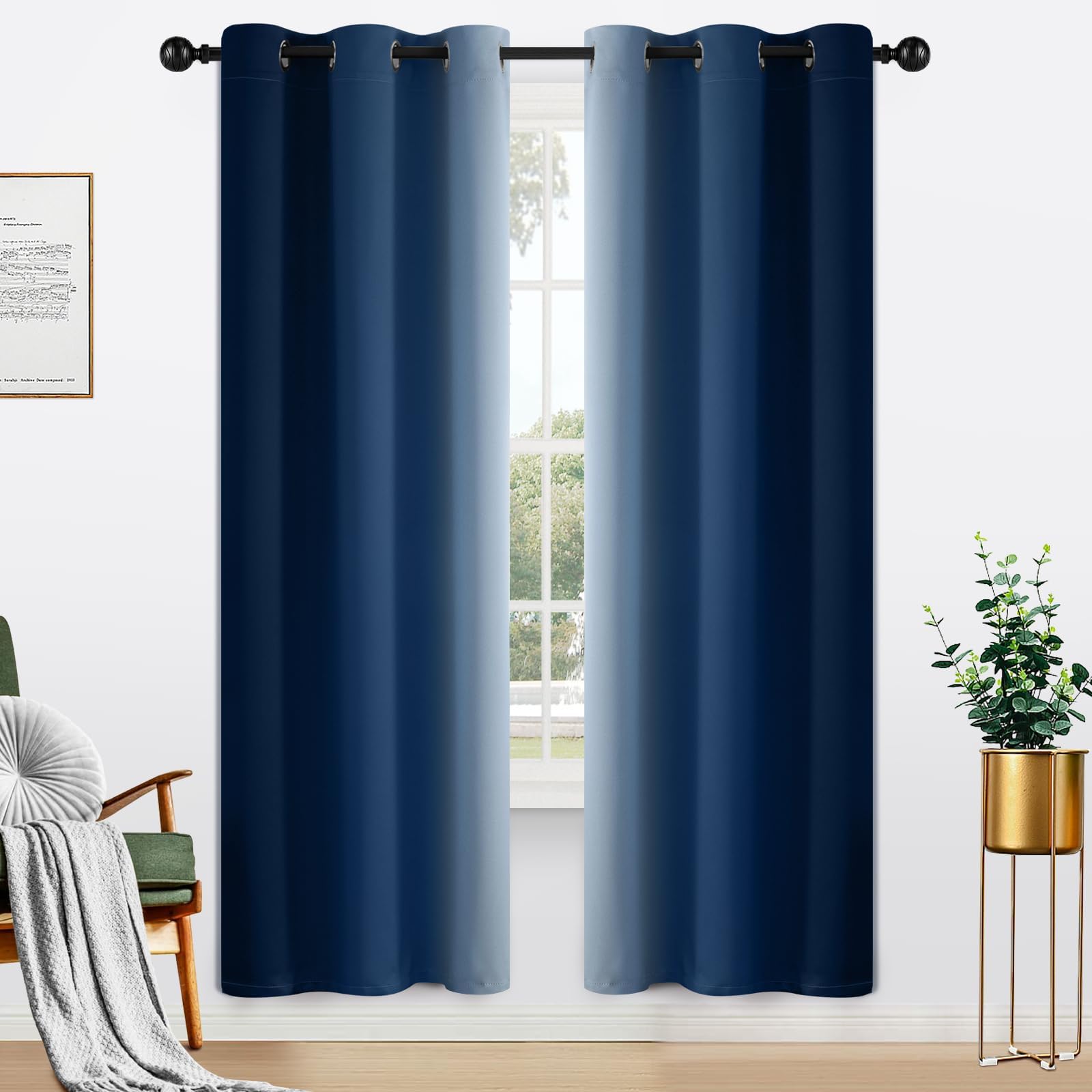 Yakamok Blue and Greyish White Ombre Curtains, Room Darkening Gradient Color Curtains for Bedroom, Light Blocking Thermal Insulated Window Drapes for Living Room(2 Panels, 42x72 Inch)