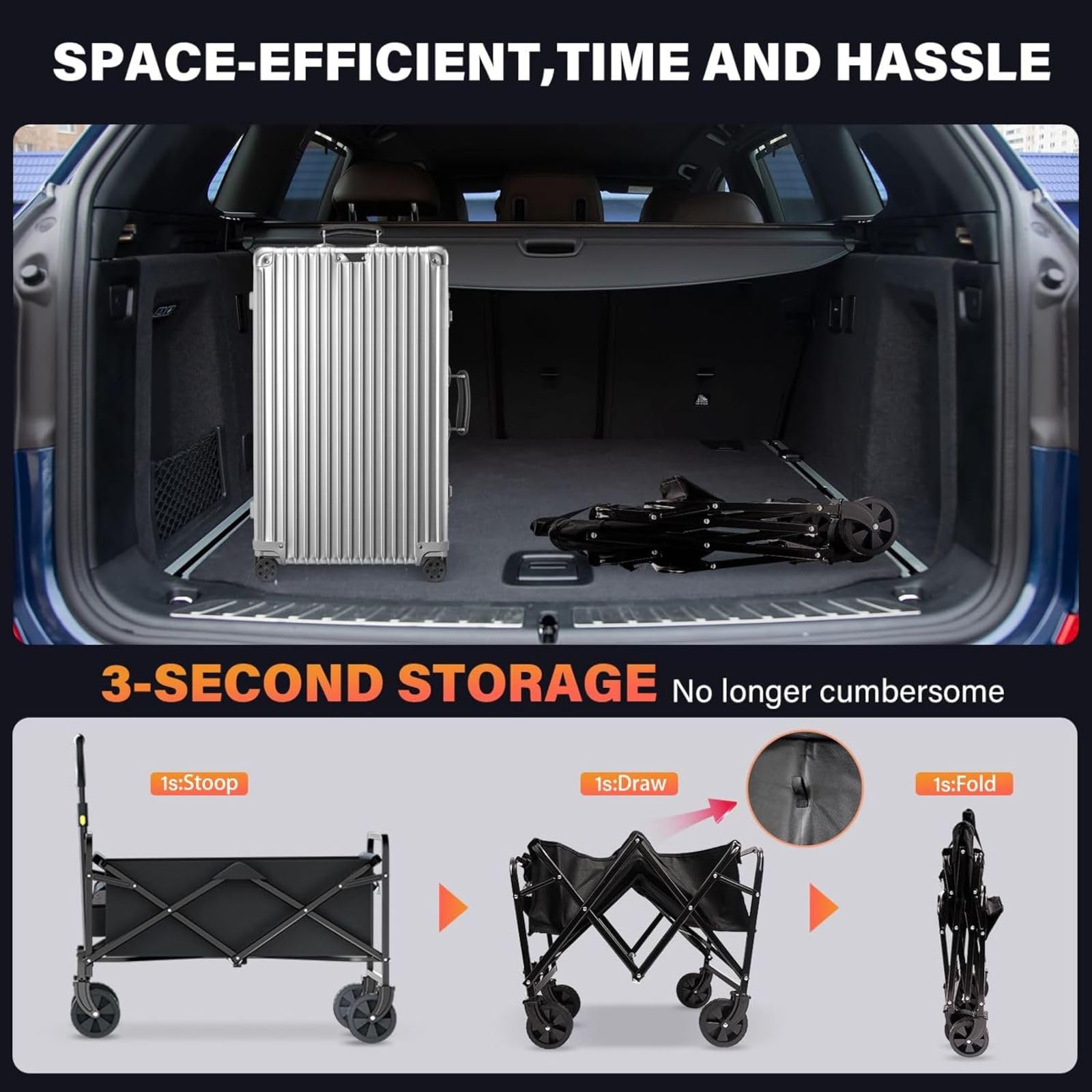 DASCK Carro Plegable con Ruedas Todoterreno 120 kg | Mango Ajustable, Bolsa de Transporte, Plegado Rápido en 3  Segundos | Carrito de Playa, Camping y Jardín