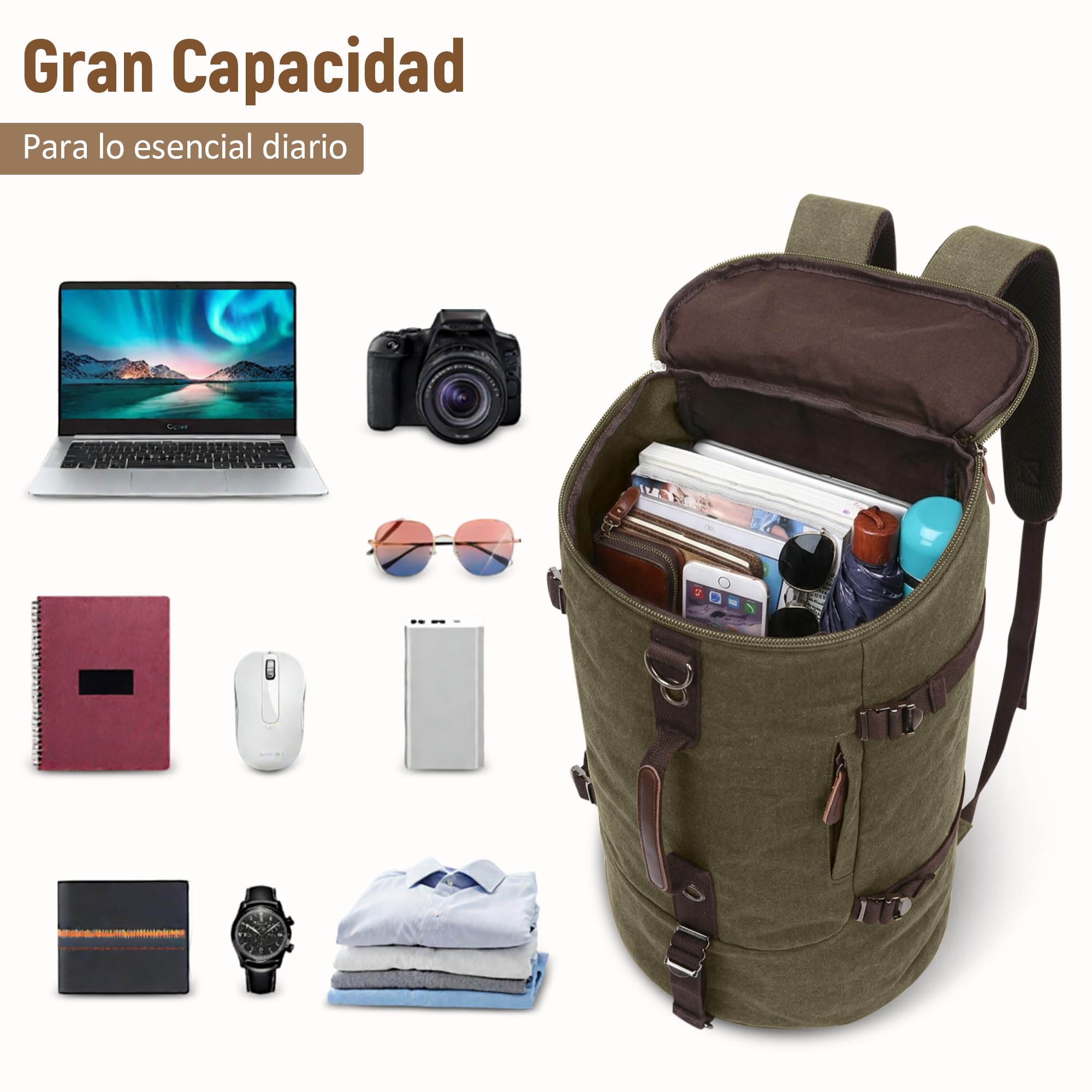 Vintage Mochilas Hombre Alta Capacidad Convertible Bolsa de Viaje con Compartimento Oculto para Senderismo Cámping Al Aire Libre Montañismo Lienzo Hombre Fin de Semana Bolsa Hombro Verde