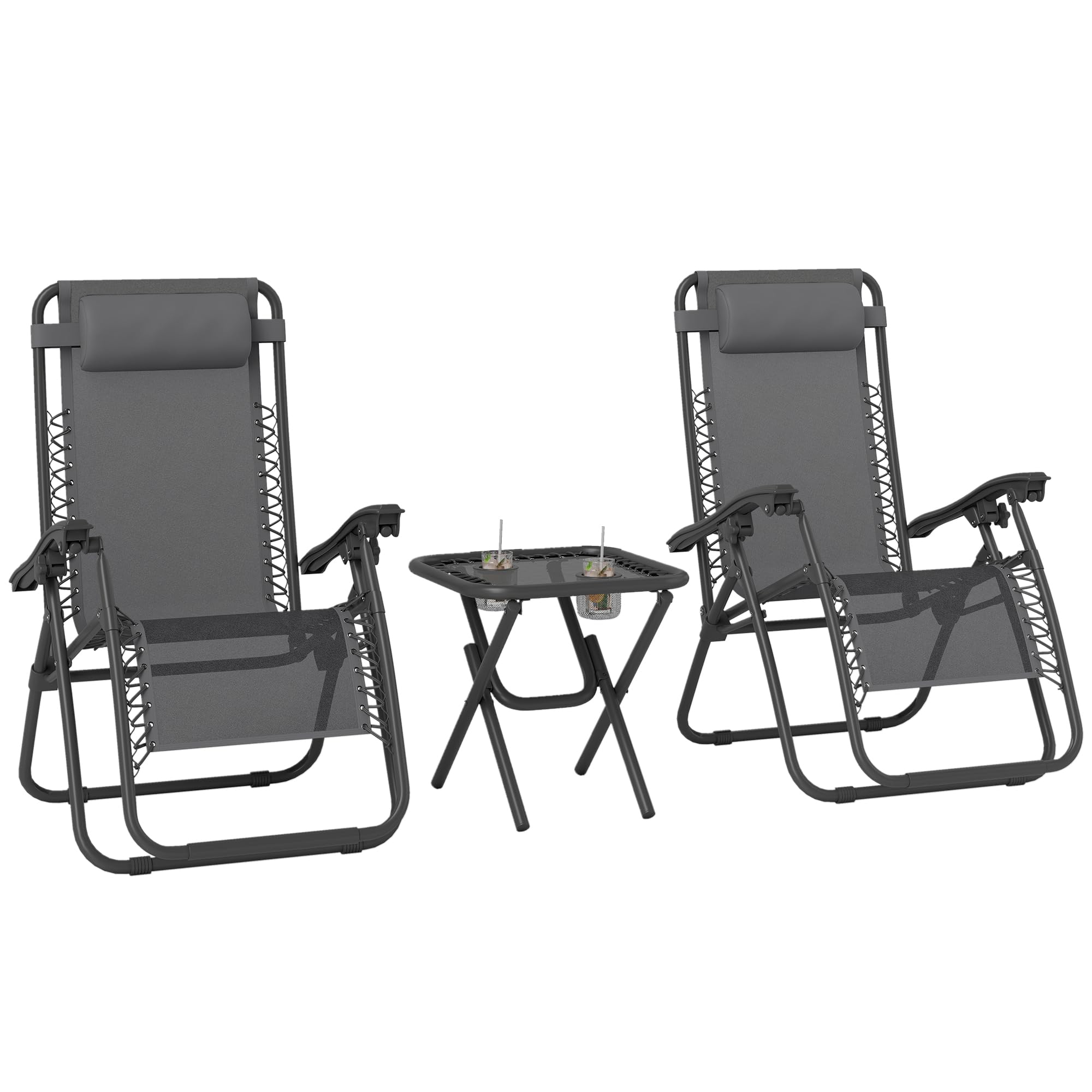 Outsunny Folding Zero Gravity Chairs, 3 Pieces Adjustable Sun Lounger and Table Set with Cup Holder and Headrest, Patio Bistro Set with Reclining Garden Chairs for Outdoor, Dark Grey — image 1
