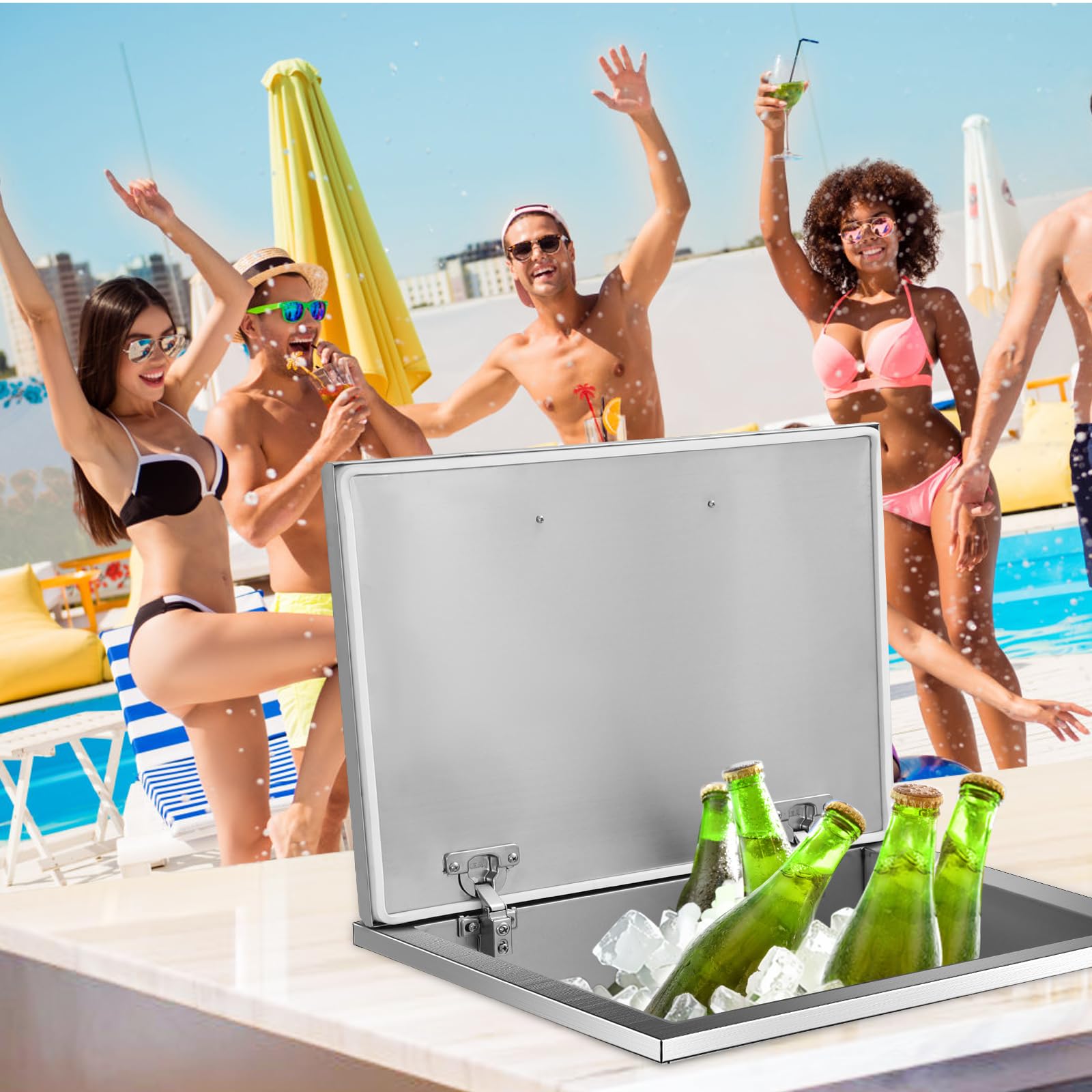Garvee 304 Edelstahl Einbau-Eisbehälter | Doppelwandig PU-Isoliert Mit Klappdeckel & Ablaufstopfen | Drop-in Getränkekühler Für Wein Bier Outdoor-Küche Garten BBQ | Größen in Inch |
