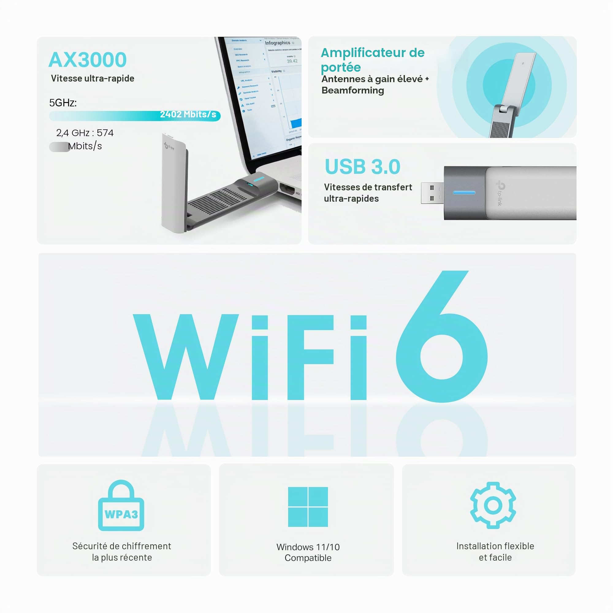 TP-Link Archer TX50UH AX3000 Dongle WiFi, WiFi 6 Double Bande sans Fil, Adaptateur WiFi USB pour PC, Couverture Plus Large, dongle WiFi USB, Latence Faible et Haute efficacité, USB 3.0, Prise en