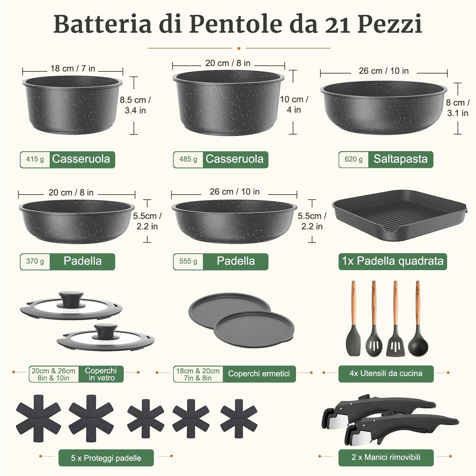 YASHE Pentole induzione 21 pezzi, atossiche, senza PTFE e PFAS | Set di Pentole e Padelle Antiaderente in Granito, Tegame con Coperchio, Salvaspazio Impilabile per Camper
