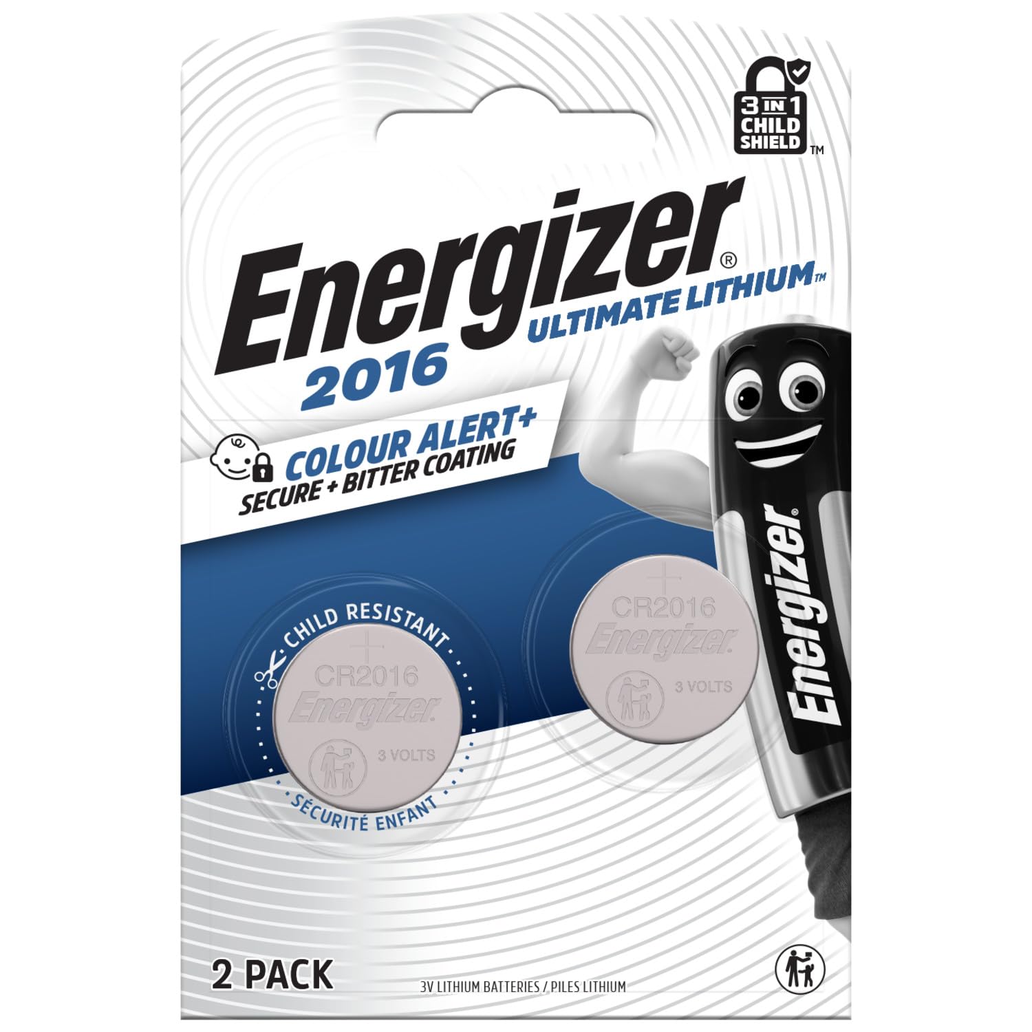 Energizer Ultimate Lithium - Batteria Litio CR2016 (Confezione da 2) 3V Batterie a Bottone - La Prima Pila 3 in 1 Child Shield Al Mondo - La Technologia Alert
