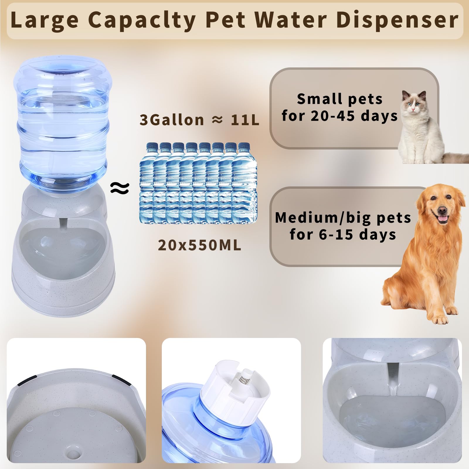 Dispensador de agua grande para perros, estación dispensadora automática de agua para mascotas, cuenco de agua de gravedad para perros y gatos, fuente grande para perros