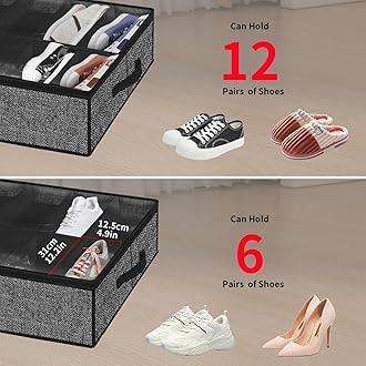 Onlyeasy Under Bed Shoe Storage Organizer with Sturdy Handles and Clear Window 1 Pack Fits 12 Pairs, Premium Foldable Underbed Shoes Container Box for Closet, Breathable, Linen-like Black, MXAUBSB1P