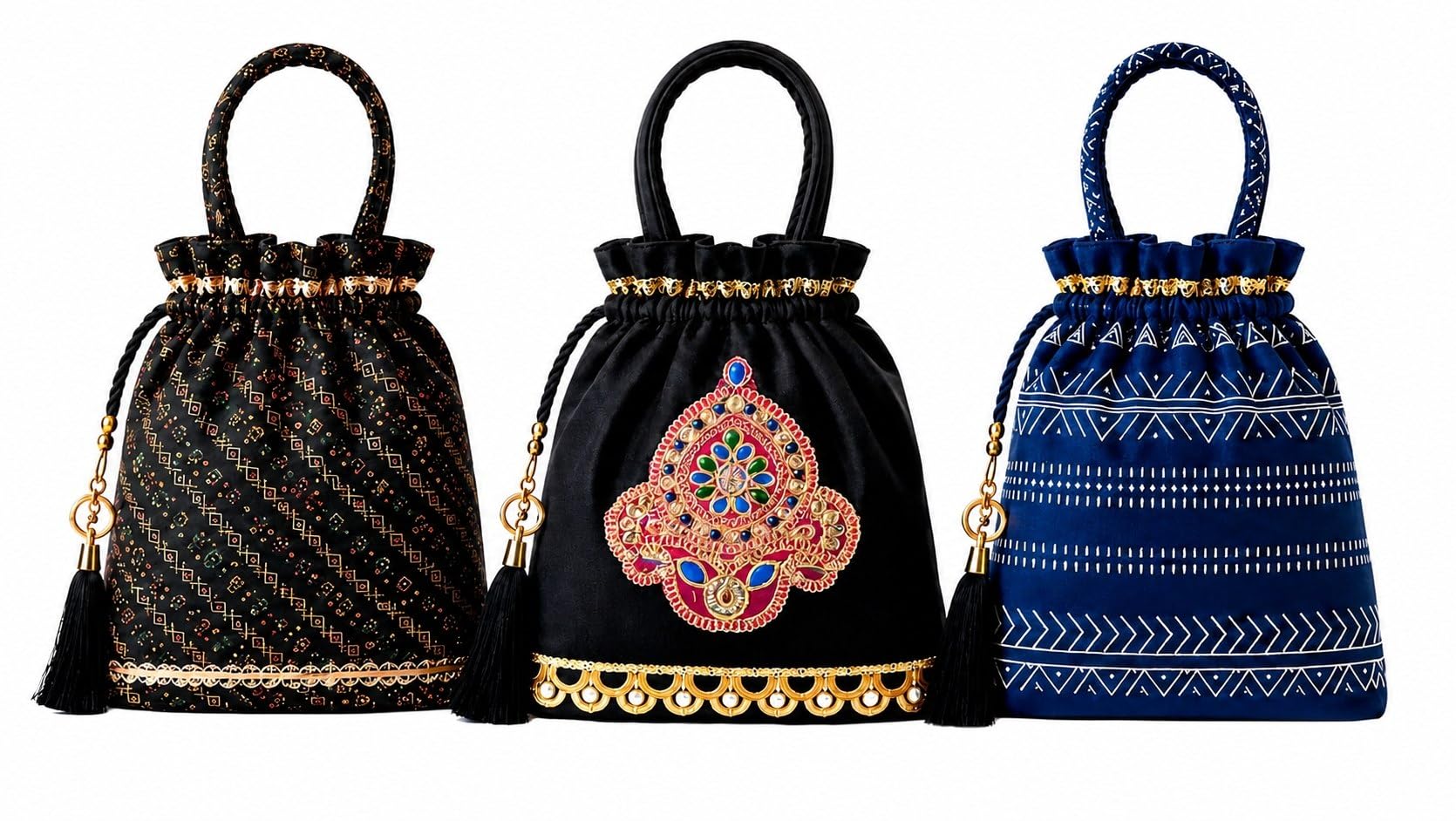 3 Piece Combo Cotton Traditional Potli Bags for Women | Black & Blue Ethnic Drawstring Batua Purse for Girls, Wedding, Party & Return Gifting-image-28