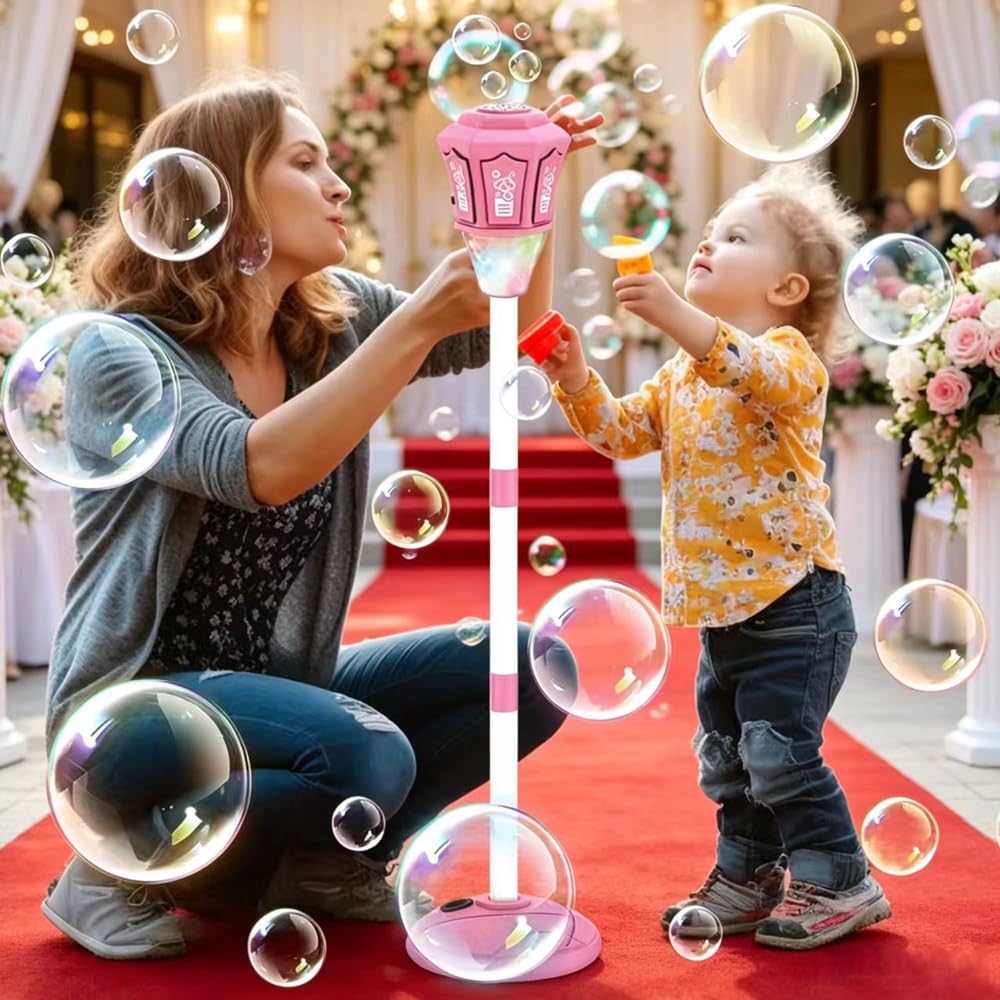 Lámpara de Jardín Bubble Torch con Luz y Música,Altura Regulable 52-115 cm,Máquina de Burbujas Recargable para Exteriores con Mando a Distancia para jardín (Rosa)