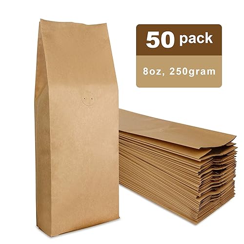 Miniatura 5 de Bolsa de café de pie de papel kraft, bolsa con fuelle lateral con fondo plano para granos de café con válvula de desgasificación unidireccional, 50