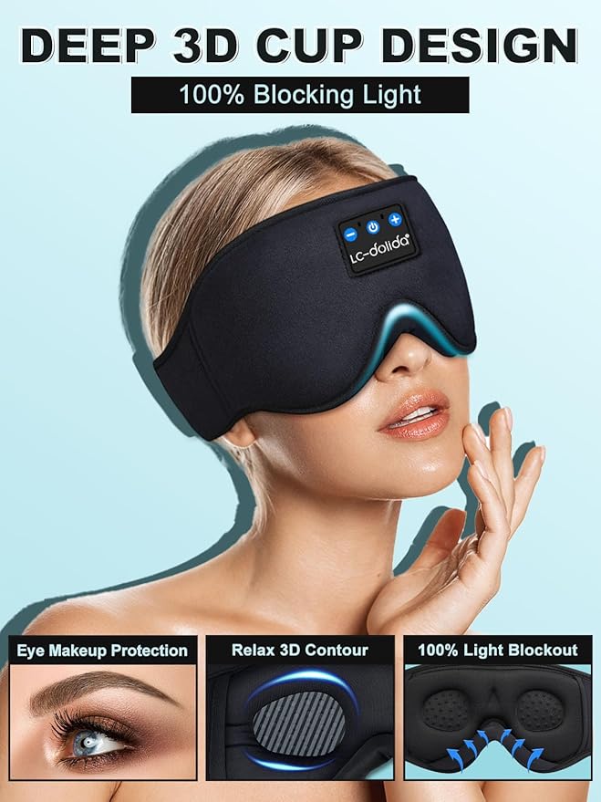 LC-dolida Sleep Headphones, 3D Sleep Mask Bluetooth Wireless Music Eye Mask Featuring a sleep mask with built-in wireless speakers, the Bluetooth sleep mask combines an eye mask and headphones, perfect as sleep headphones.