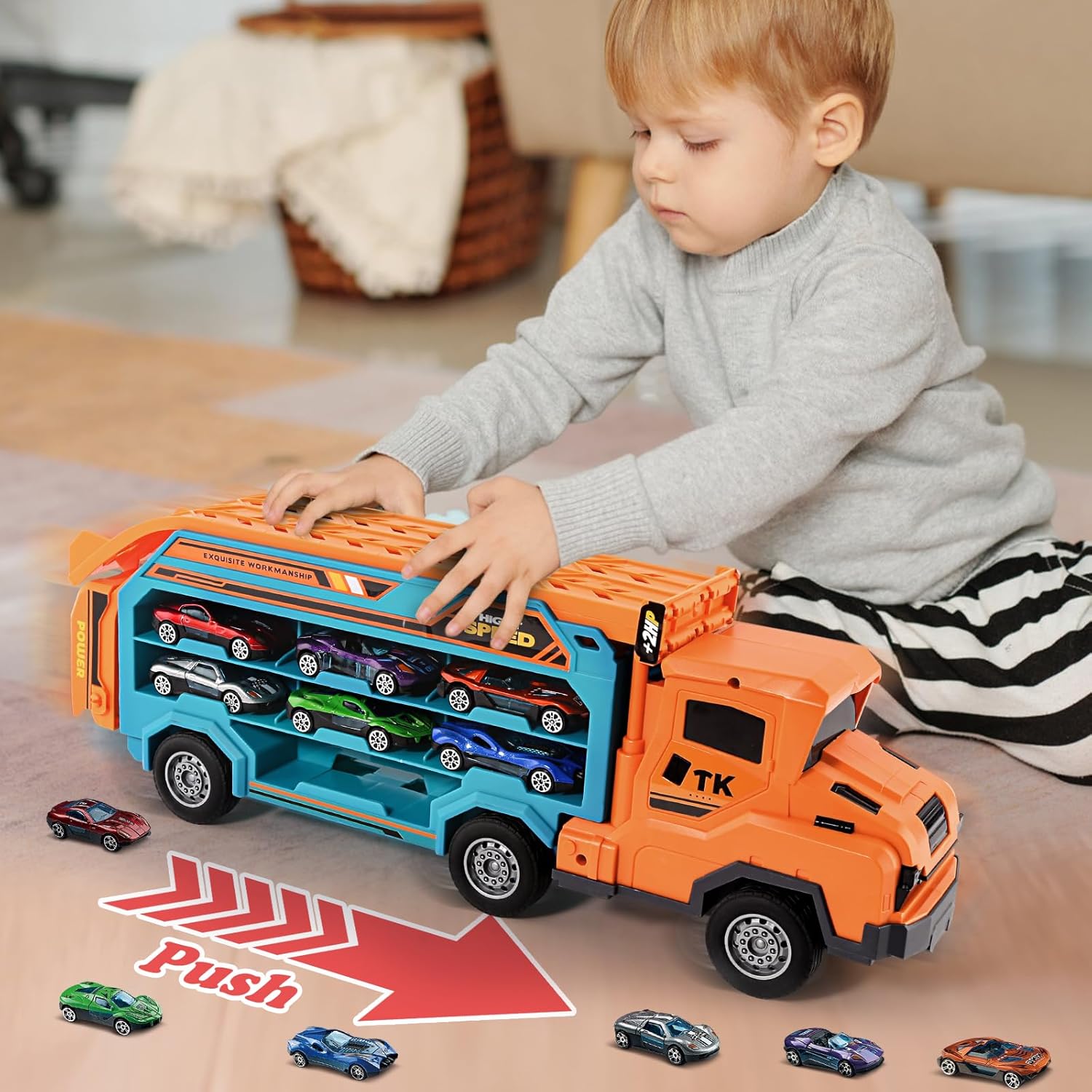 Toddler Car Truck Toys,Car Carrier Truck Toy for Kids Age 3-5 4-8,Foldable Car Track Sets with 2.8-Ft Race Track and 6 Die-Cast Race Cars, Truck Toys Gifts for 3 4 5 6 7 8+ Year Old Boys Girls(orange)