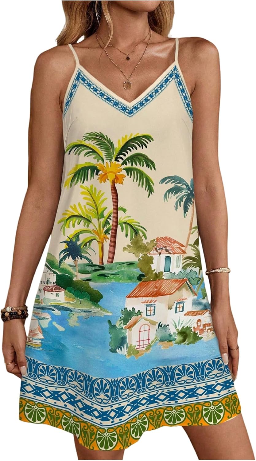 Women's Tropical Graphic V Neck Mini Dresses Boho Holiday Vacation Backless Cami Dress