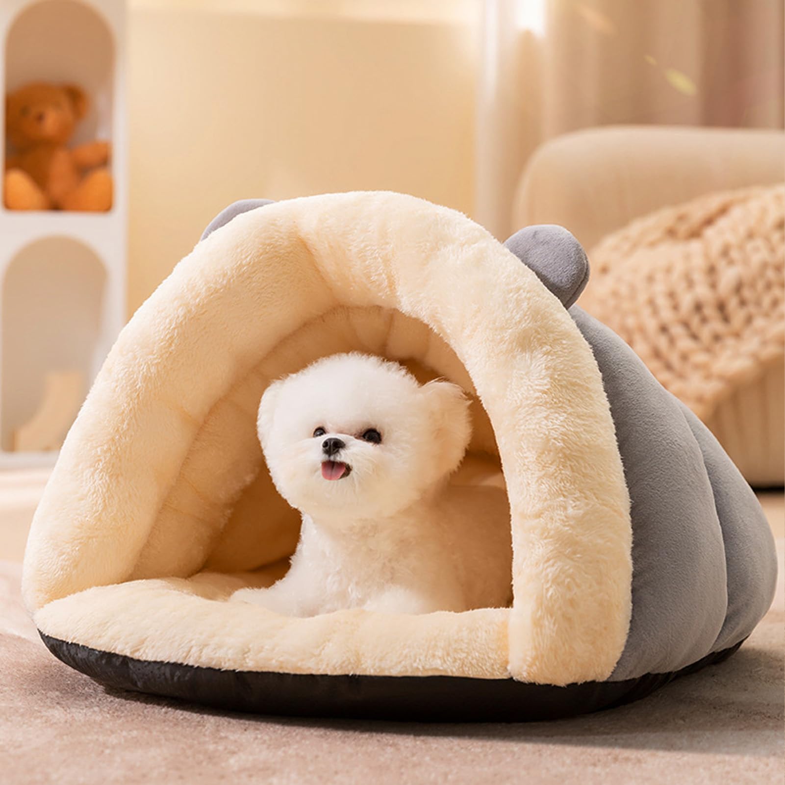 Lit Grotte pour Chat Lit Triangle Chaud Doux Confortable Semi-fermé Tente pour Chat Lit Triangle pour Animaux de Compagnie Nid pour Animaux d'hiver Chiot intérieur (L)