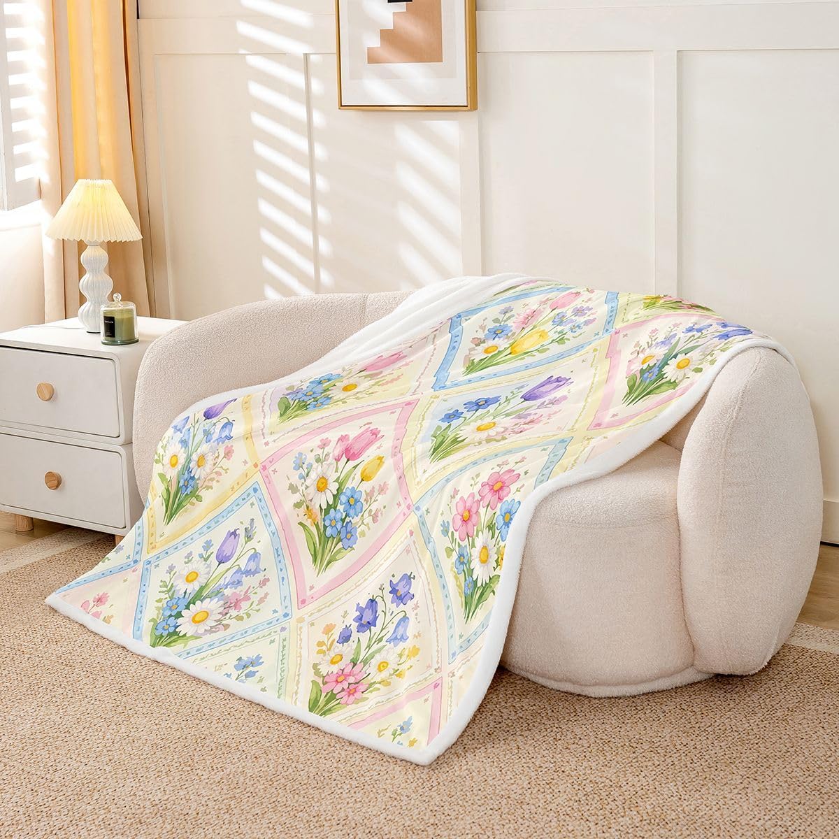 Castle Fairy Watercolor Flowers Sherpa Throw Blanket Tulip Diamond Patchwork Bed Sofa Couch Partner Vintage Farm Style Living Room Decor Lightweight Fleece Blanket Plush Blankets 40"x50" Pink Blue image 5