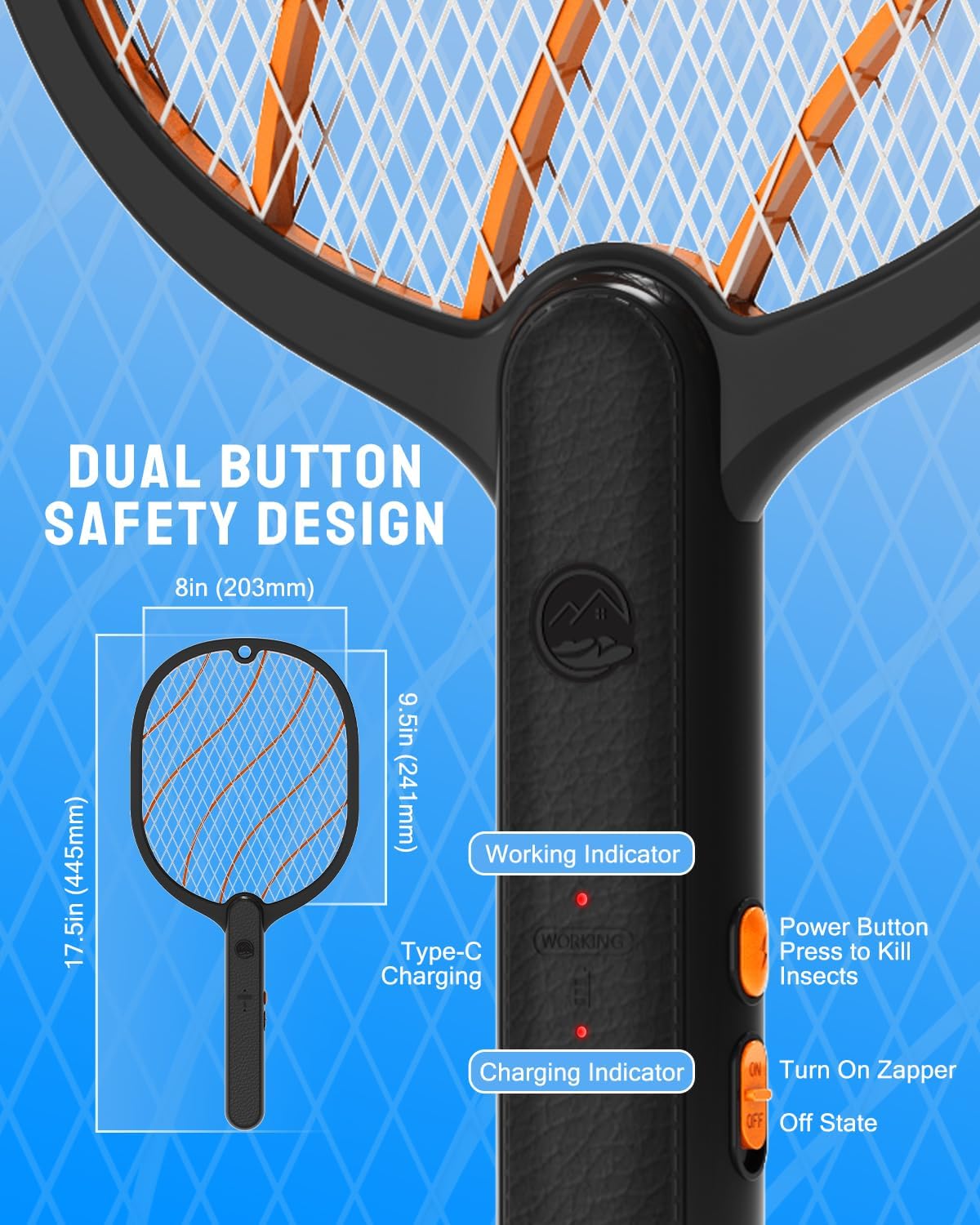 Mosiller Electric Fly Swatter, 3800V Bug Zapper Racket, Rechargeable 1200mAh Mosquito Killer 3-Layer Safety Mesh Lightweight Easy to Use, Indoor Home Office Backyard Patio Camping (Black-Basic 1 Pack) image 3