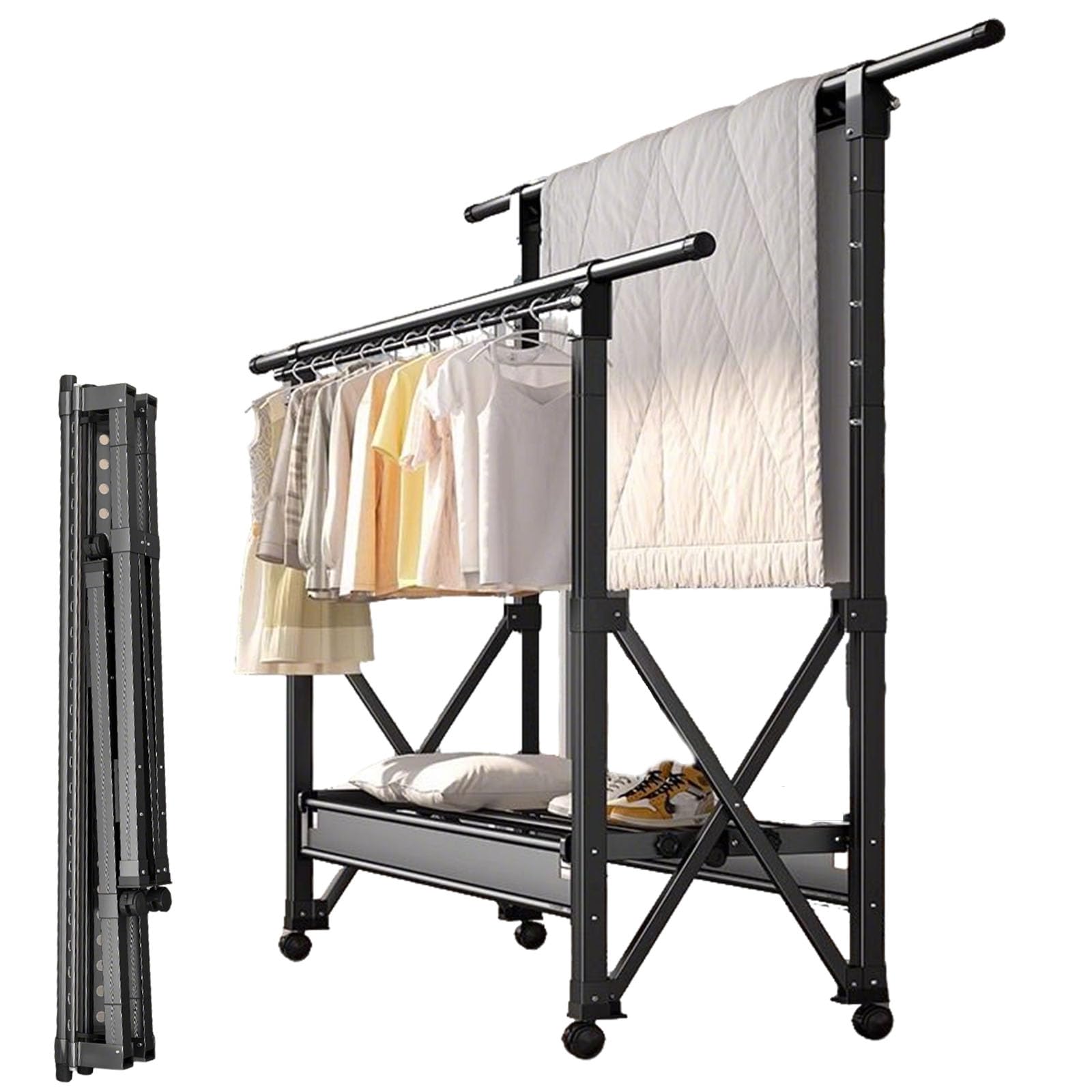 Tendedero plegable para interiores, grande, resistente, con ruedas, de aleación de aluminio, extensible y altura ajustable para balcón, camping, viajes al aire libre