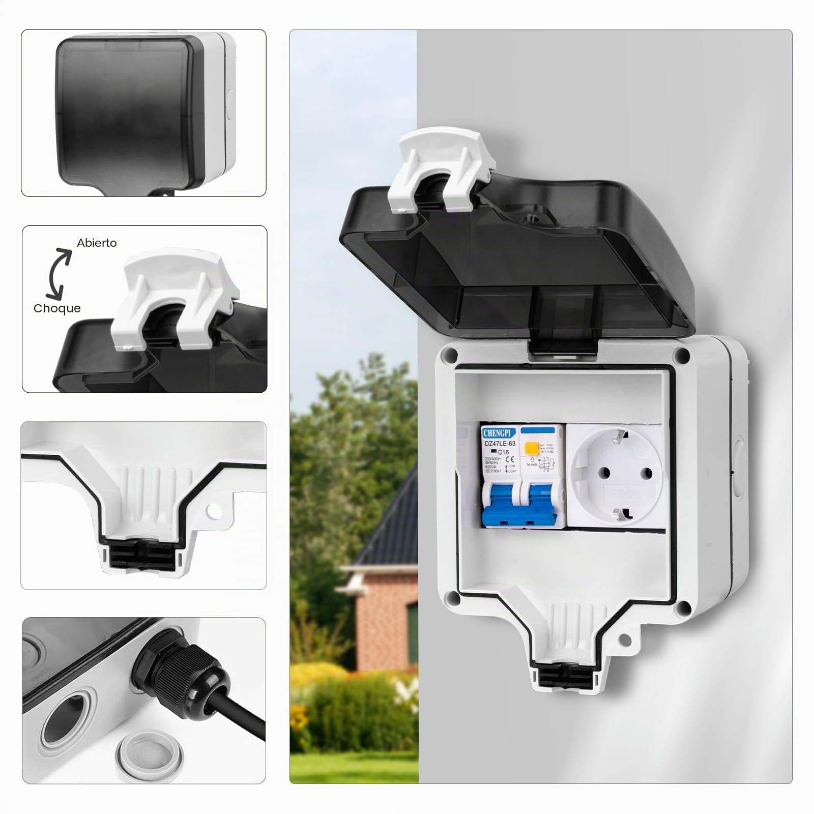 Caja Distribucion Electrica Montada En Superficie, Cuadro Electrico Premontado con Protección Contra Fugas 16A y Enchufe, Caja de Distribución Impermeable IP66|4 Módulos