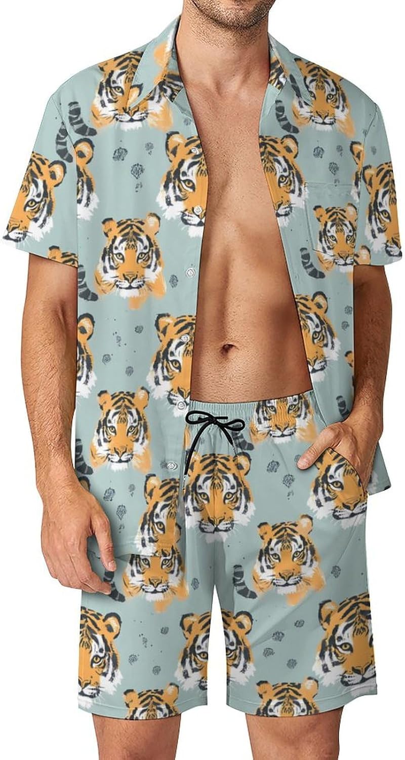 ZHANGXM Men's 2 Piece Short Sleeve Beach Outfits Sheep Casual Button Down Hawaiian Shirt and Shorts Set