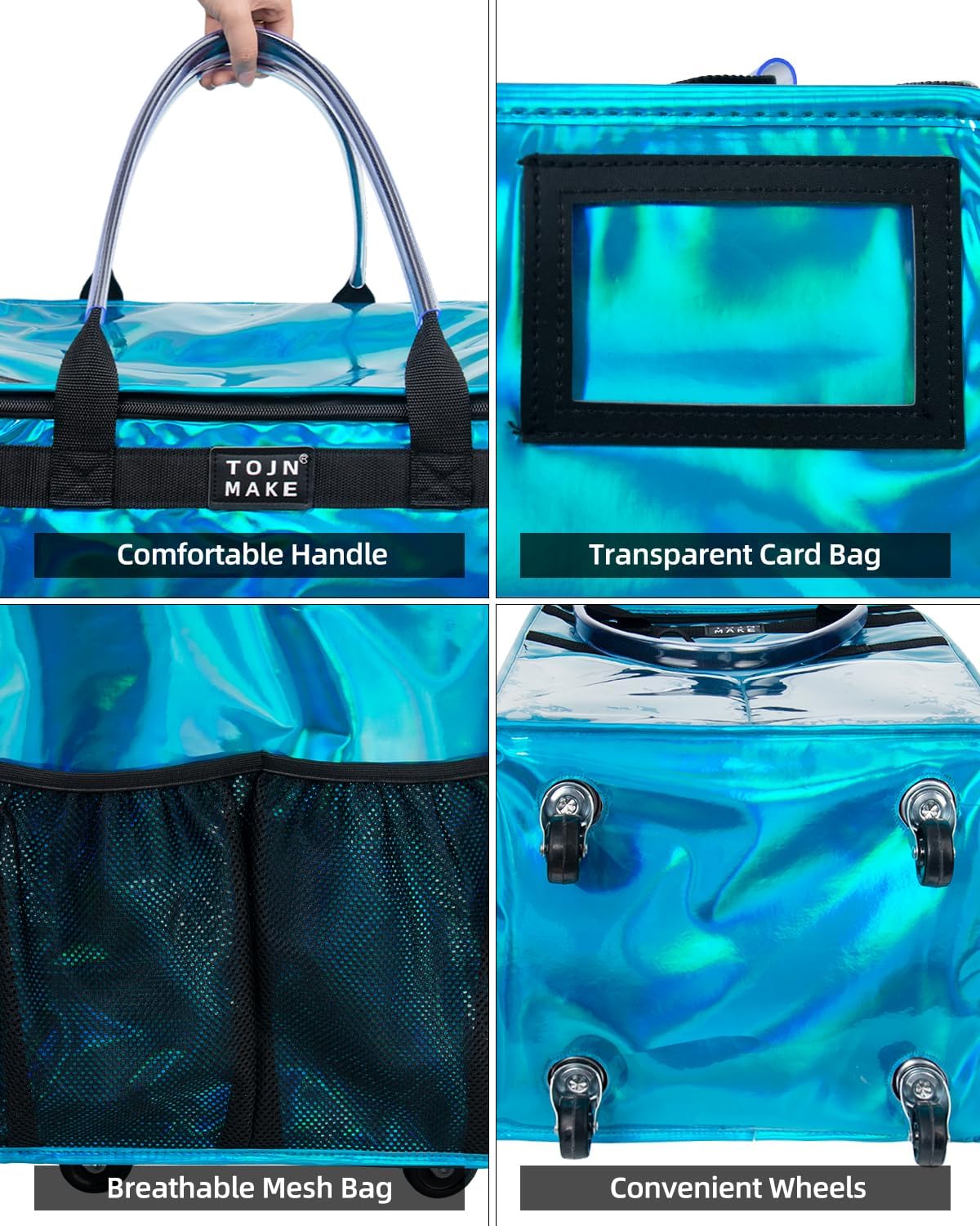 Reusable Grocery Bag with Wheels, Shopping Trolley with 8 Pockets and Zipper Cover Foldable Rolling Tote for Women, Kitchen, Travel, Carries Up to 66LBS (Large, Glitter Blue) - Image 8