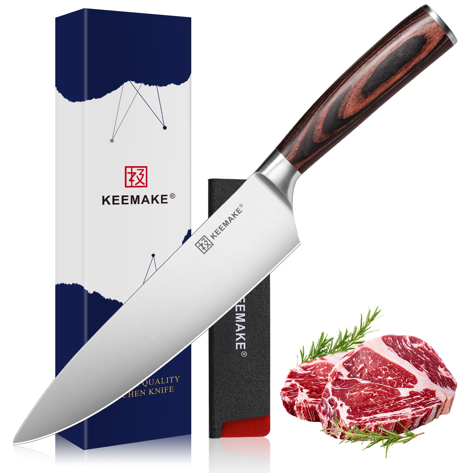 KEEMAKE Chef Knife 8 inch - Sharp Kitchen Knife High Carbon Stainless Steel Blade, Gyuto Knife Ergonomic Wood Handle, Professional Chef’s Knife for Home Kitchen and restaurant