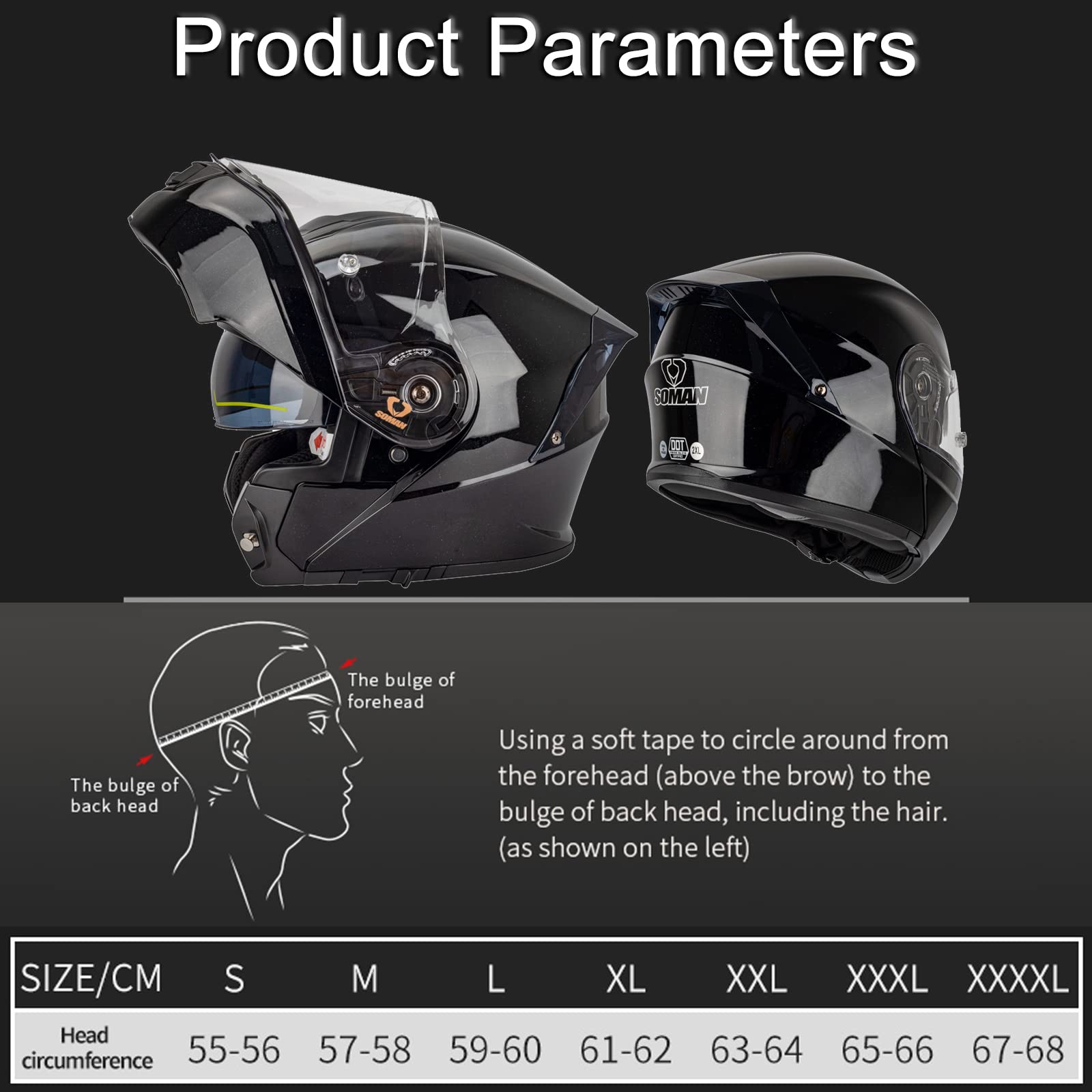 Casco Modulare Apribile Moto Touring Sport Caschi Modulari Motorino con Doppia Visiera Parasole ECE Omologato Casco Moto Integrale per Donna e Uomo, Nero-4XL(67~68cm)