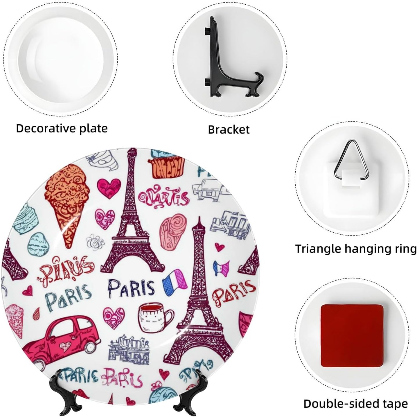 Bone China Decorative Plate with Display Paris Butterfly Eiffe Ceramic Plates Crafts Art Decor Dessert Plate Ceramic Ornament Porcelain Plates for Living Room Kitchen Table Home Decor