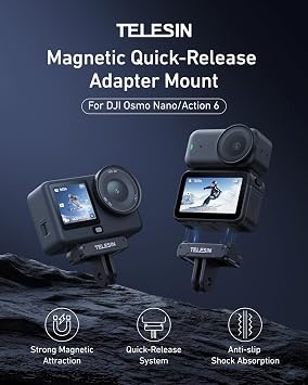 TELESIN DJI Osmo Nano/Action 6 için manyetik hızlı serbest bırakma adaptörü montajı, çift yönlü mıknatıs, metal mandallar, şok emici silikon ped, DJI Osmo Nano için adaptör tabanı/Action 6