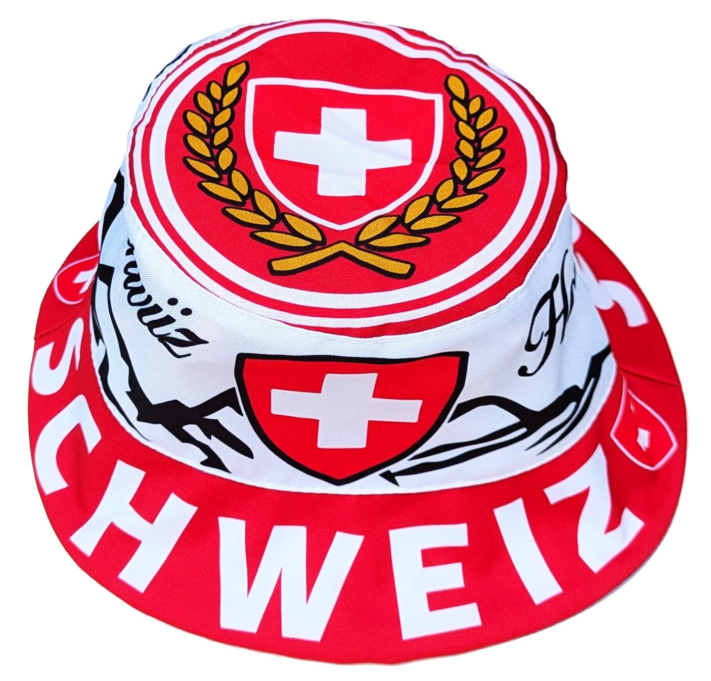 Generisch Suiza, Suisse, Schwiiz, sombrero para el sol, sombrero de pescador, sombrero militar, sombrero de cubo, azul, blanco, rojo, 59
