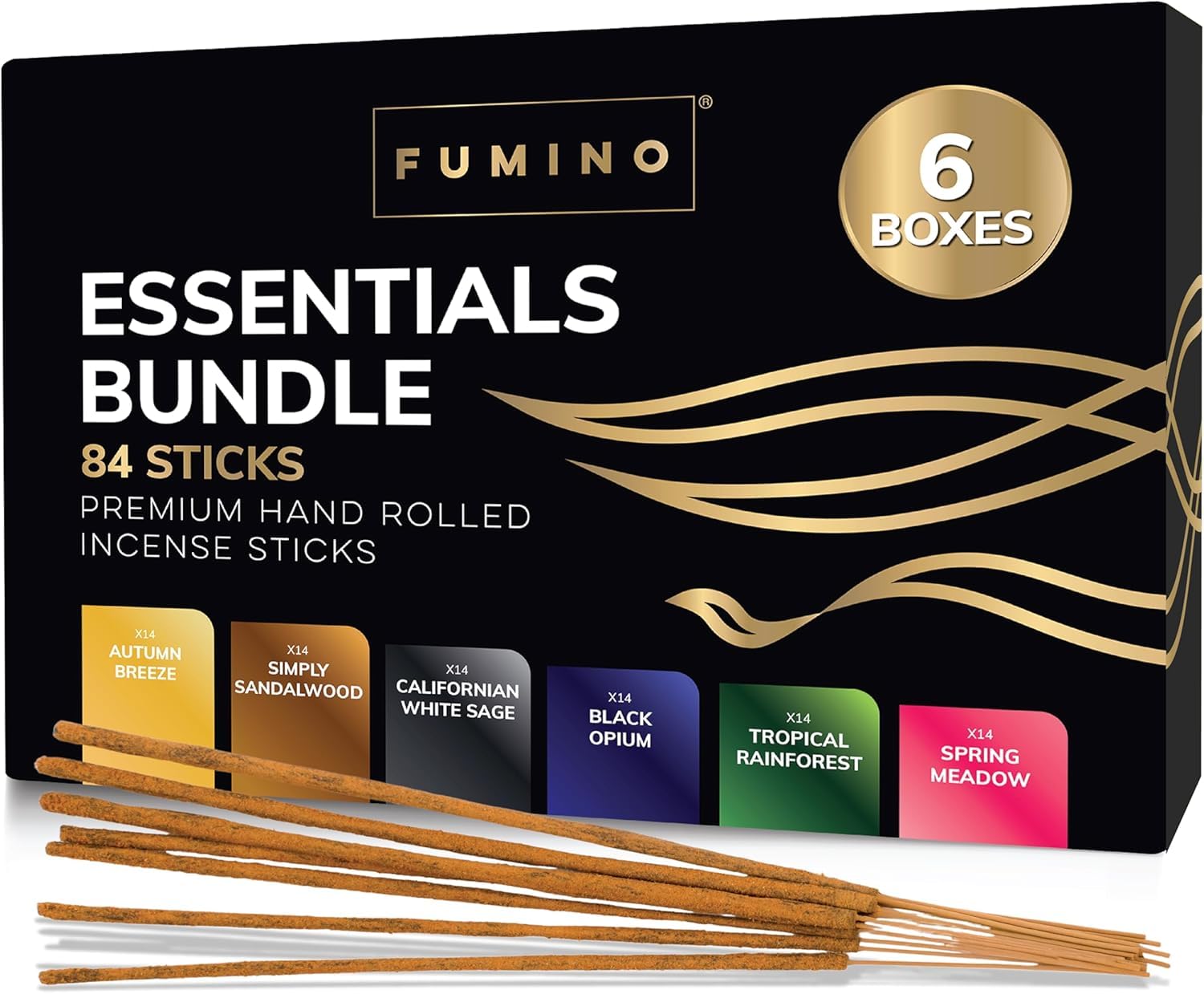 Incense Sticks Fumino Fresh Handmade Multipack Essentials Bundle 6 Boxes 84 Pieces (3oz) Masala Agarbatti Joss Scent Fragrance for Relaxation and Meditation, Home and House Decor