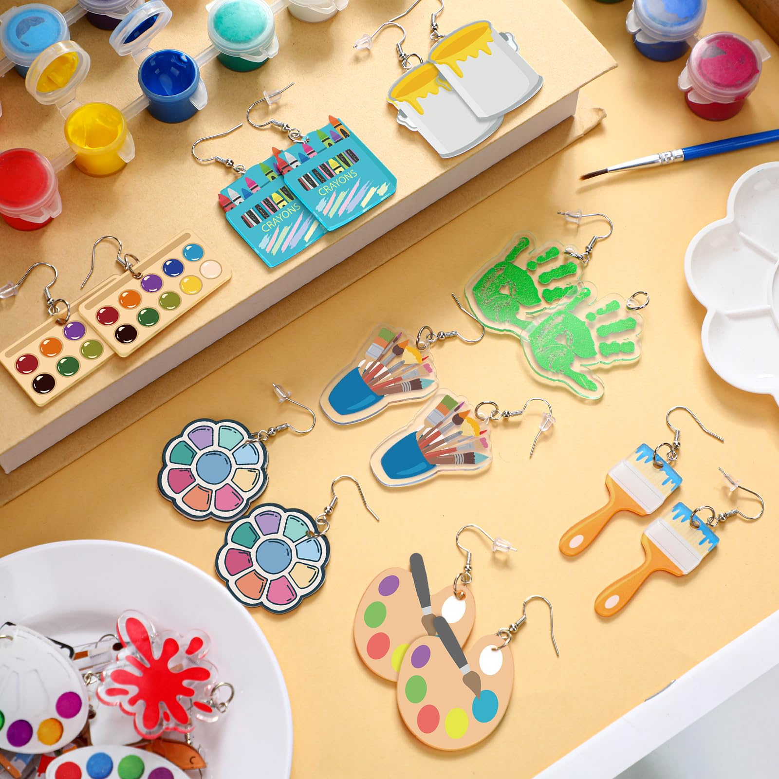 16 Pairs Art Teacher Appreciation Gifts Paint Earrings for Women Big Acrylic Dangle Drop Teacher Appreciation Earrings Personality Palette Paint Brush Jewelry Artist Painter