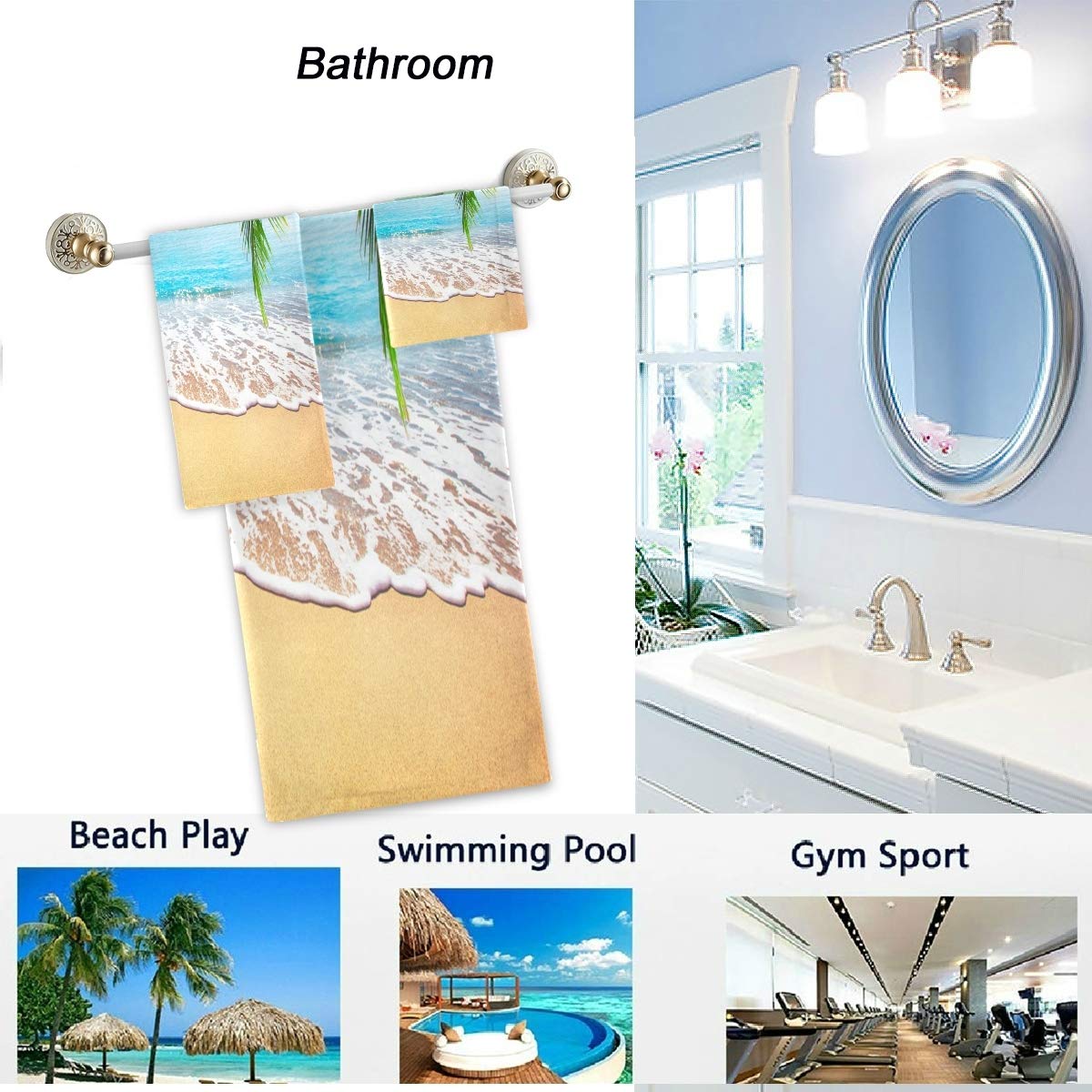 Naanle 3D Schöne Sommerpalmenblätter Tropischer Strand Weiches Luxus Dekoratives Set von 3 Handtüchern, 1 Badetuch+1 Handtuch+1 Waschlappen, Mehrzweck für Badezimmer, Hotel, Fitnessstudio, Spa und
