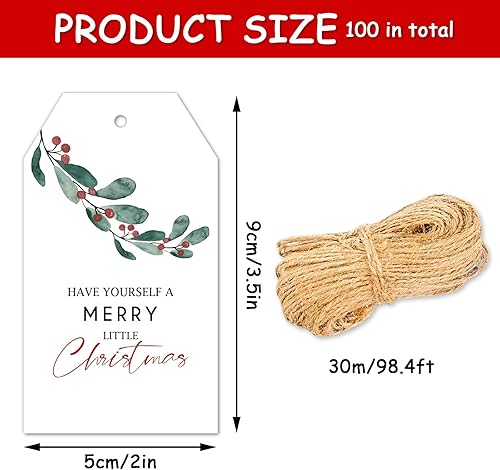 Miniatura 2 de Whaline 100 etiquetas de Navidad con cuerda de cáñamo etiquetas de papel para plantas de acuarela etiquetas colgantes de feliz Navidad deseos de