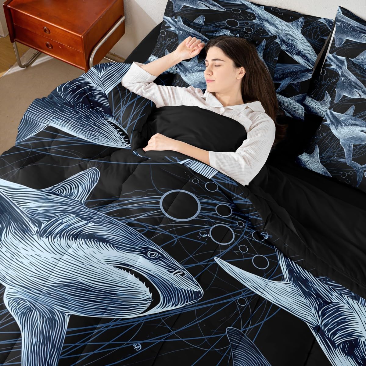 Erosebridal Shark Comforter Set Ferocious Shark Bed in A Bag Queen Size 7 Pieces Underwater World Oasis Bed Set Sea Ocean Animal Bedding