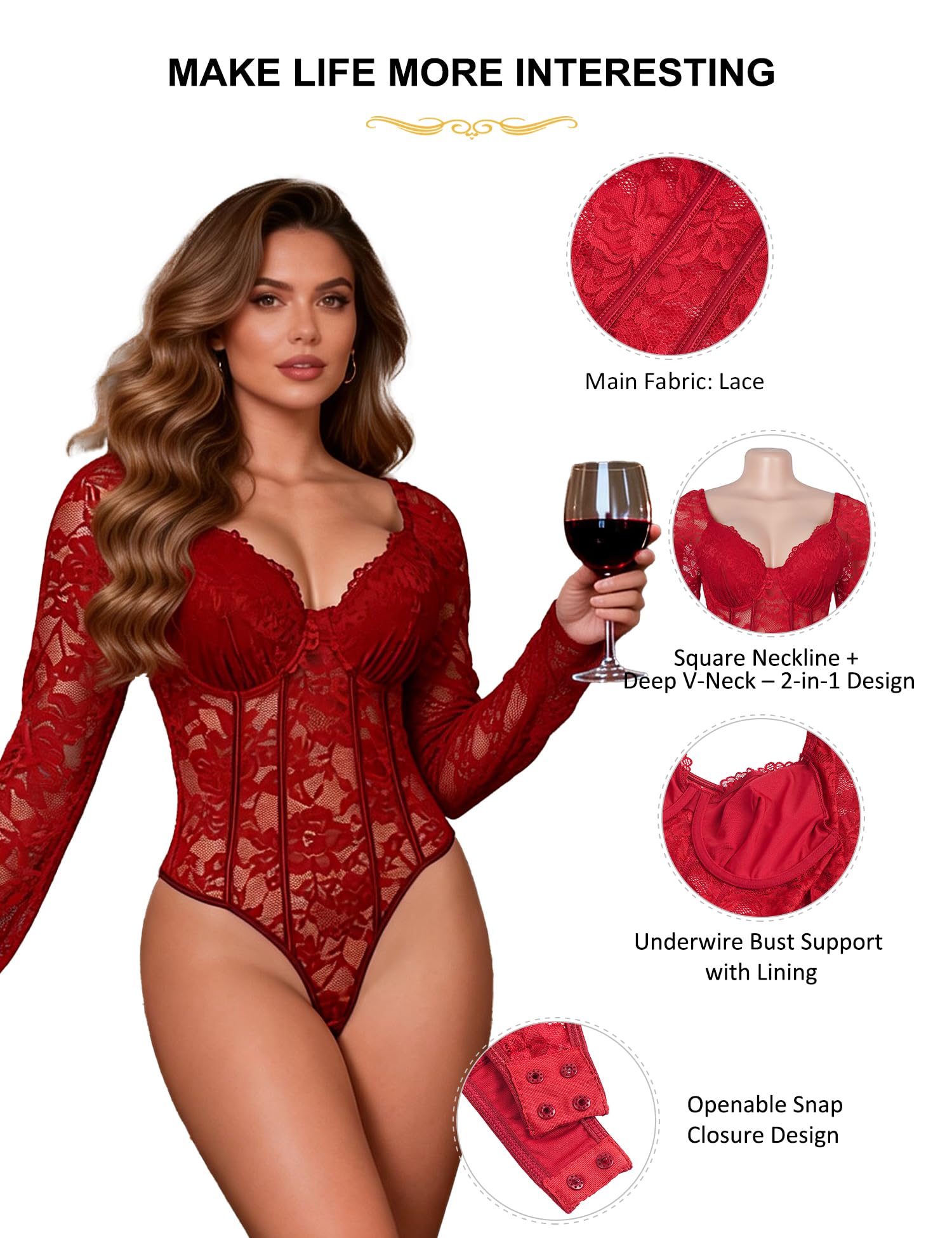 ohmydear Body en Dentelle Femme Manches Longues avec Armatures et Doublure Poitrine - Body Sexy Col V ou Col Carré Ajustable - Bodysuit Transparent Chic pour Soirée Clubwear XS-2XL