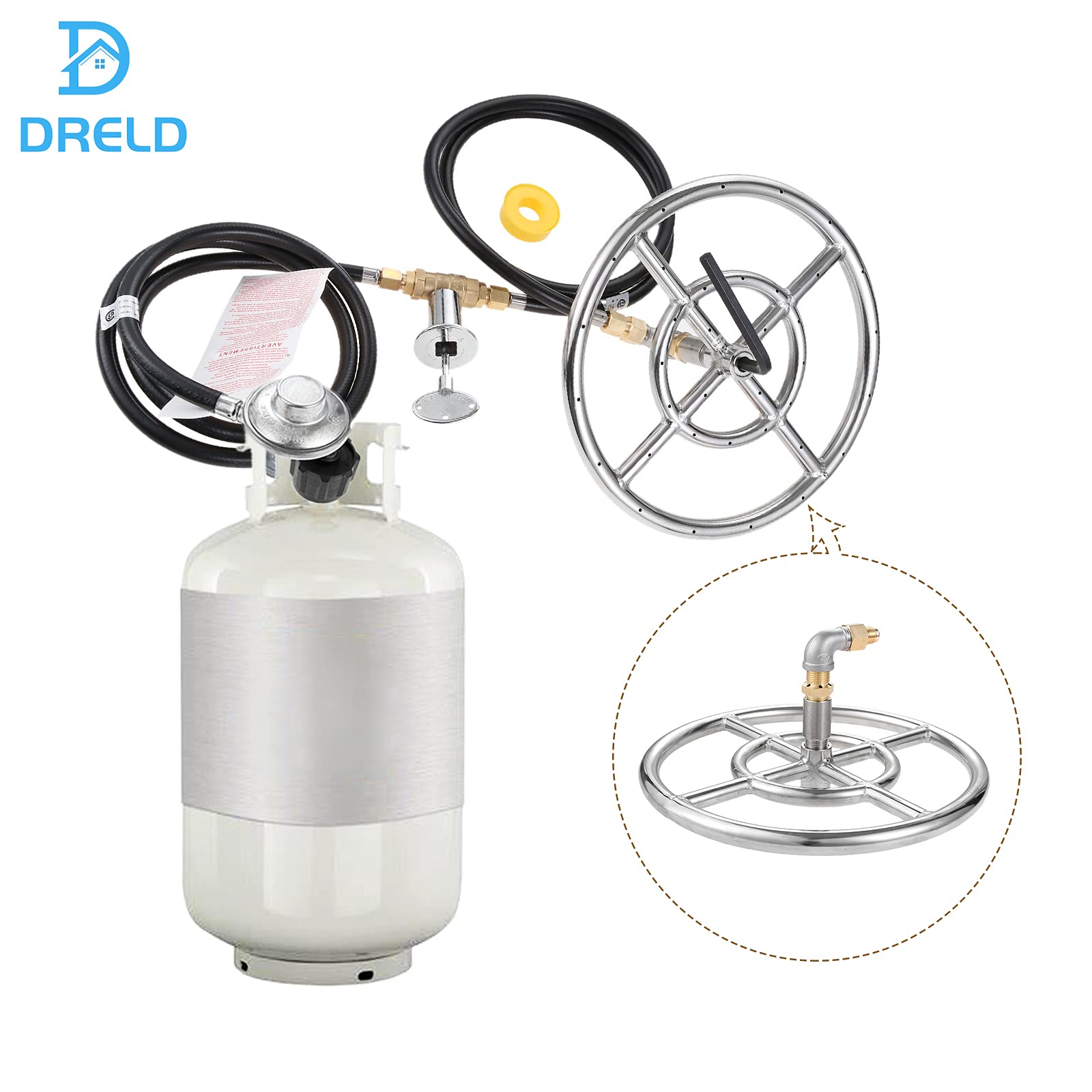 DRELD Juego de quemador de gas propano para chimenea, kit de 12 pulgadas, quemador de anillo de gas, kit de instalación de acero inoxidable 304 para barbacoa de gas Firebowl